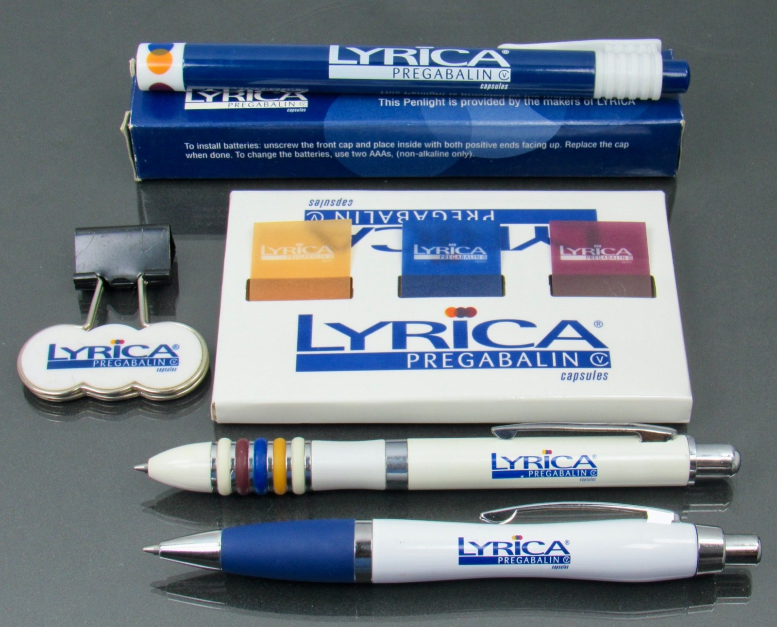 LYRICA Lot PENS, Clip, Boxed PENLIGHT, Sticky Page Flags Drug Rep Pharmaceutical