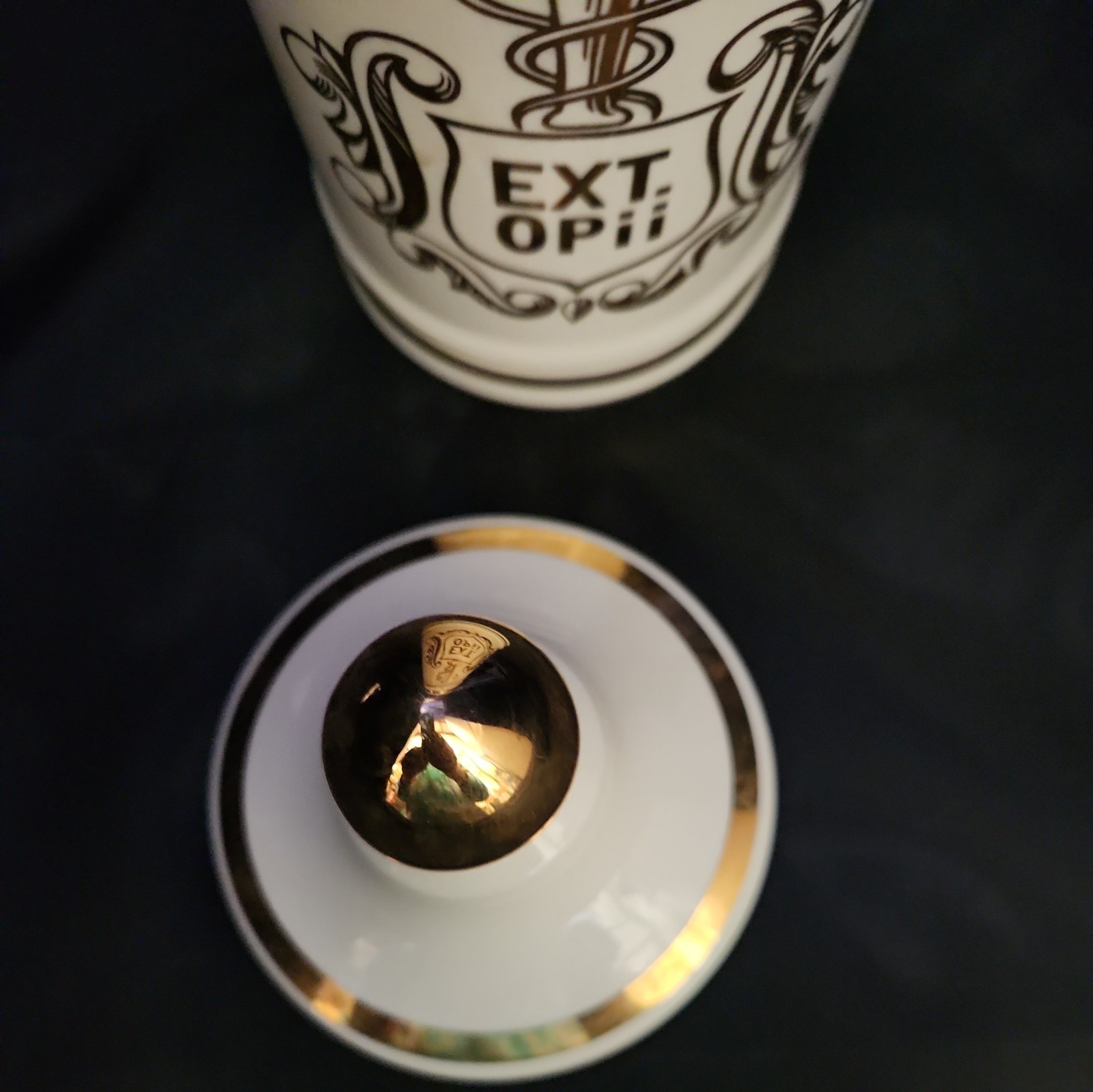 Vintage Pharmacy EXT OPii Canister Jar w/ Lid-Cream & Gold Trim-Owens Glass IL
