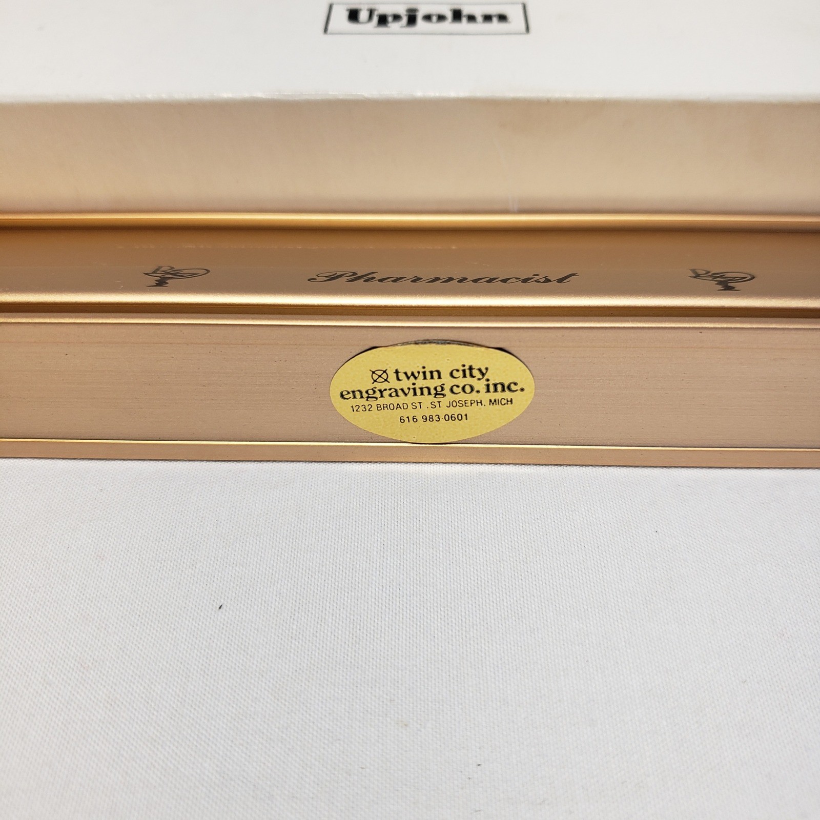 Upjohn Desk Name Plate Holder Gold Pharmacist Medical Vintage
