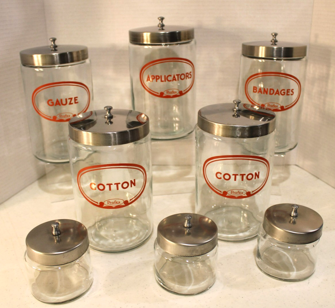 VINTAGE SET OF PROFEX APOTHECARY JARS SET OF 8 7″ AND 3″ ORIGINAL LIDS NO DAMAGE