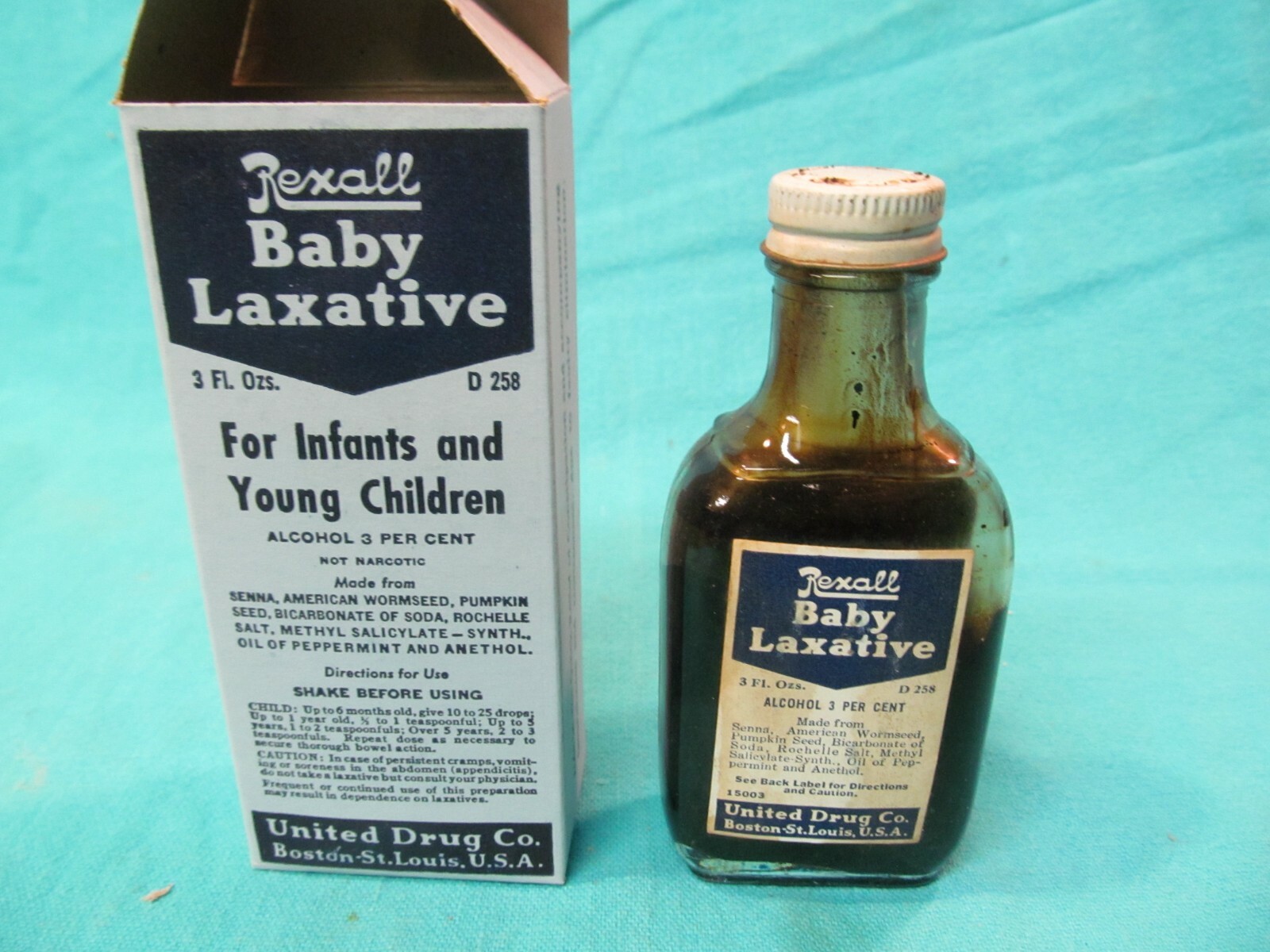 NEW OLD STOCK REXALL BABY LAXATIVE 3 OZ BOTTLE IN BOX