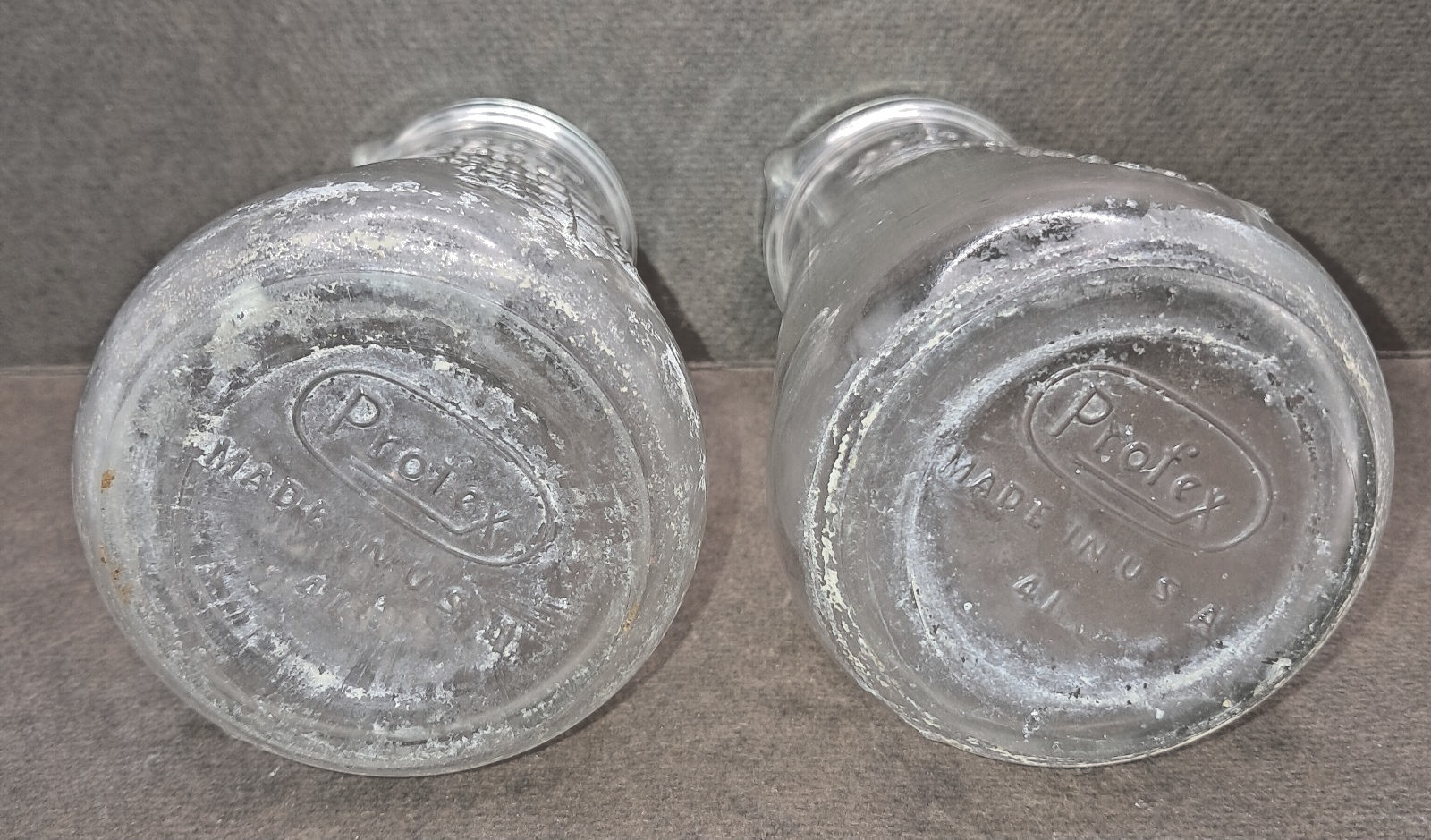 Pair of 6oz Vintage “Protex” Perfection Glass Urine Specimen Bottles 41 Stamp