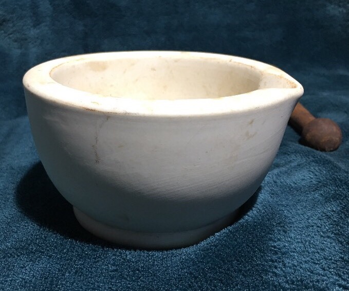 Antique Mortar Bowl & Iron Pestle Pharmacist Thomas Maddock Sons Acid Proof USA