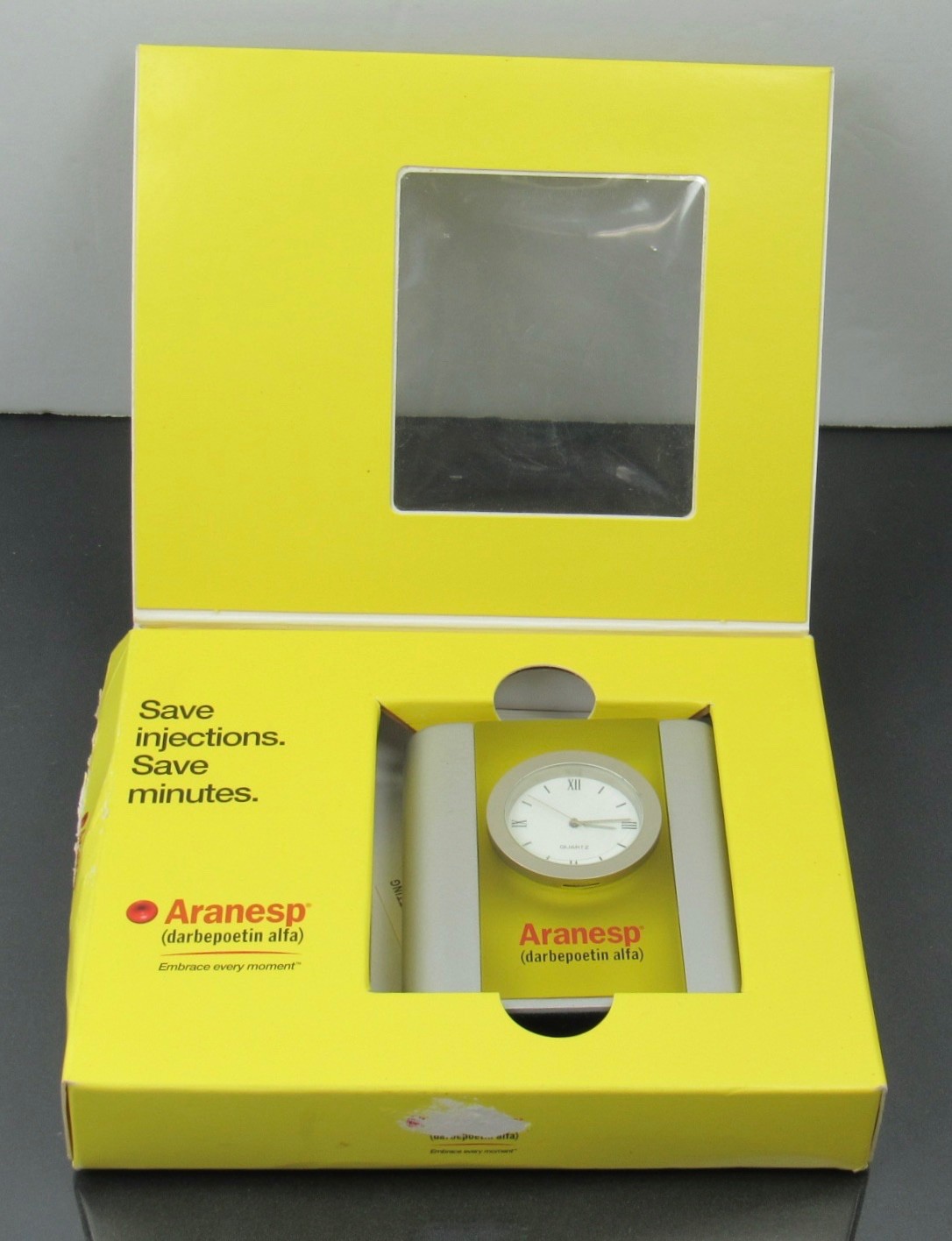 Rare Aranesp Desk Clock Drug Rep Pharmaceutical Promo In Original Box w/ Inserts