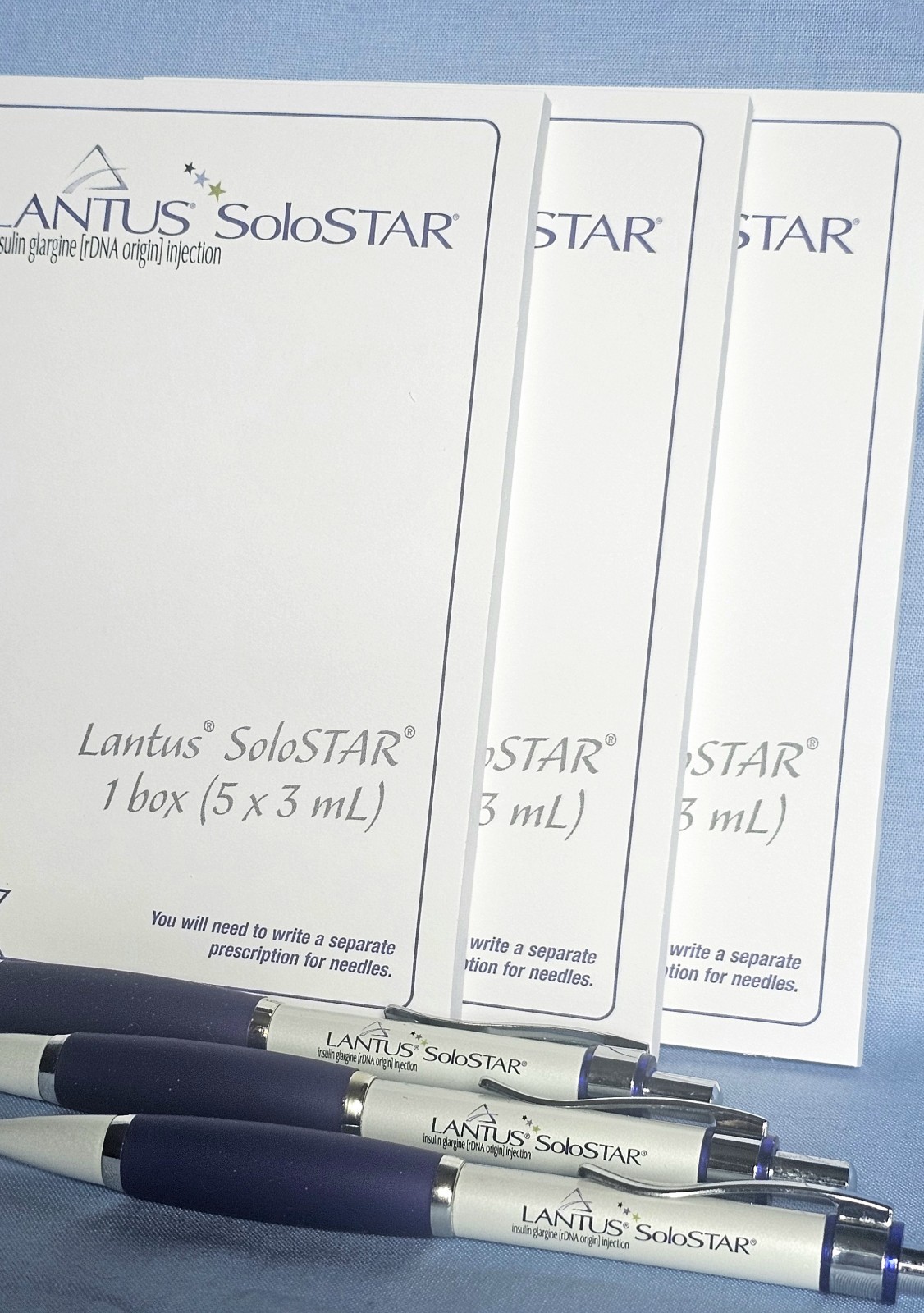 3 LANTUS Solostar Pens 3 Notepads Drug Rep Pharmaceutical Collectible NEW Promo