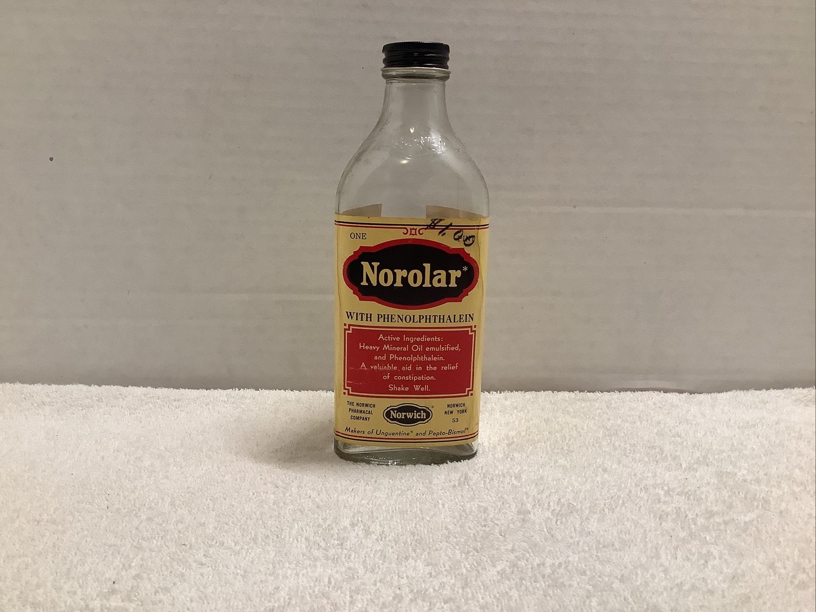 Vtg 1 Pint Pharmacy Glass Bottle Norolar Mineral Oil Constipation Remedy Empty
