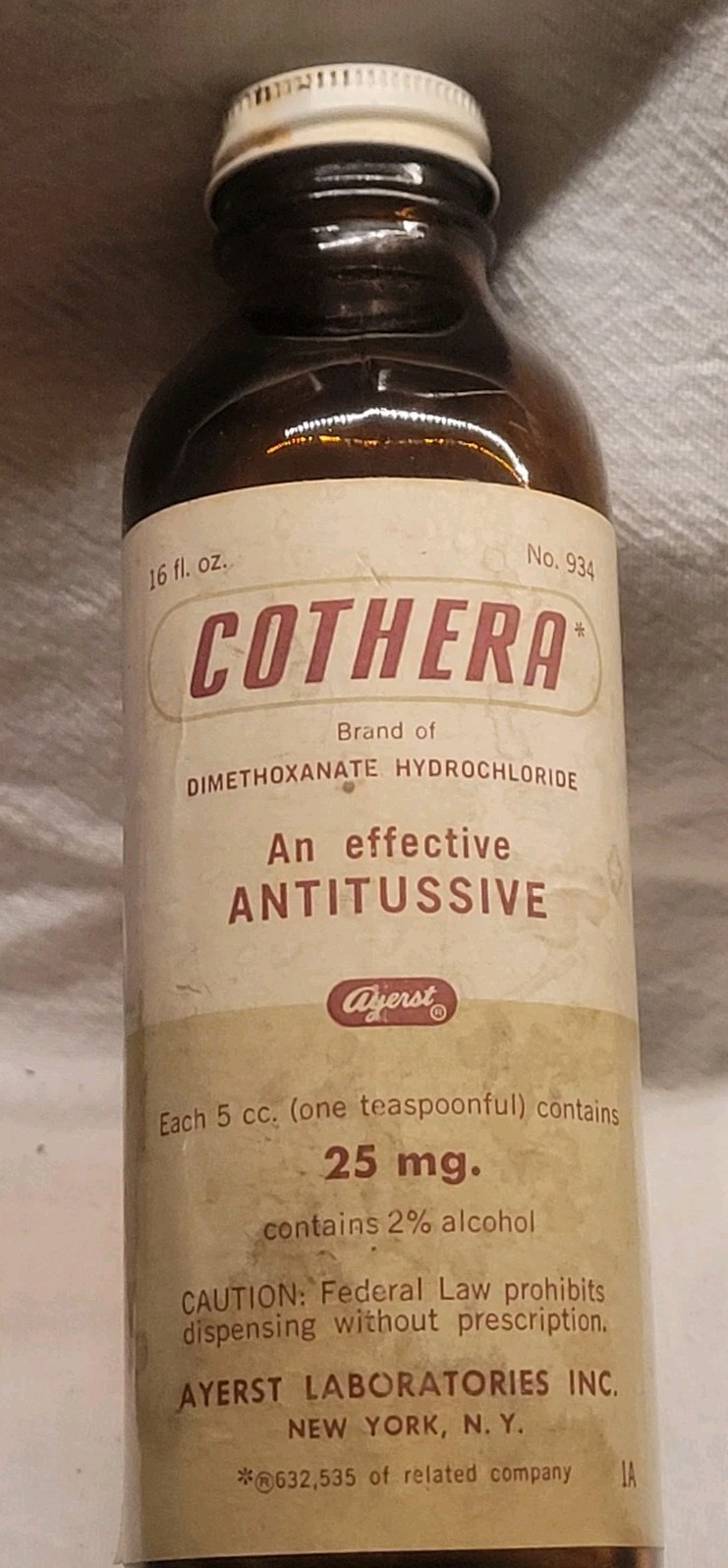 Large Empty Vintage Cothera Cough Syrup Bottle by Ayerst w Original Label