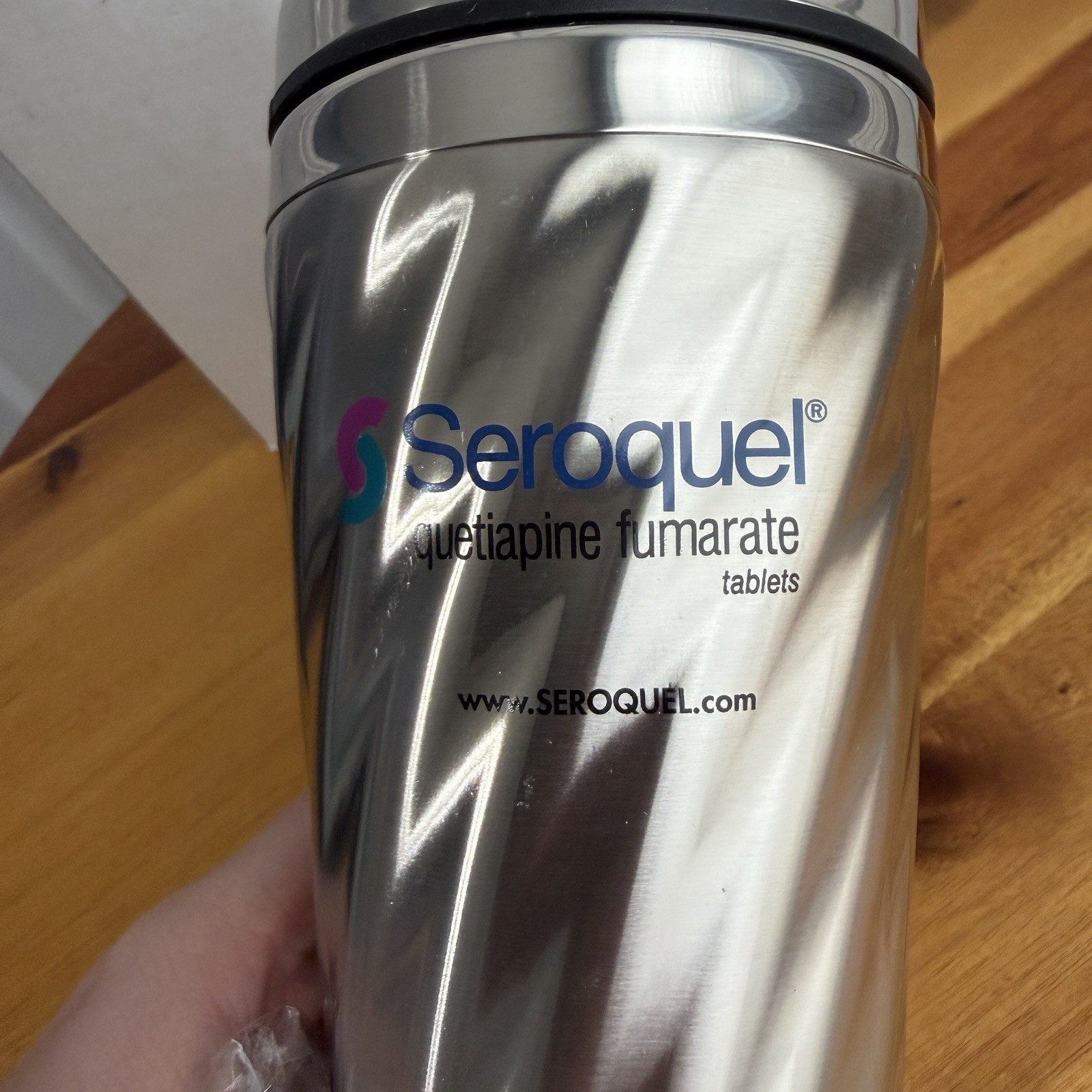 Seroquel Pharmaceutical Drug Rep Silver Travel Tumbler Mug Stainless Steel NEW