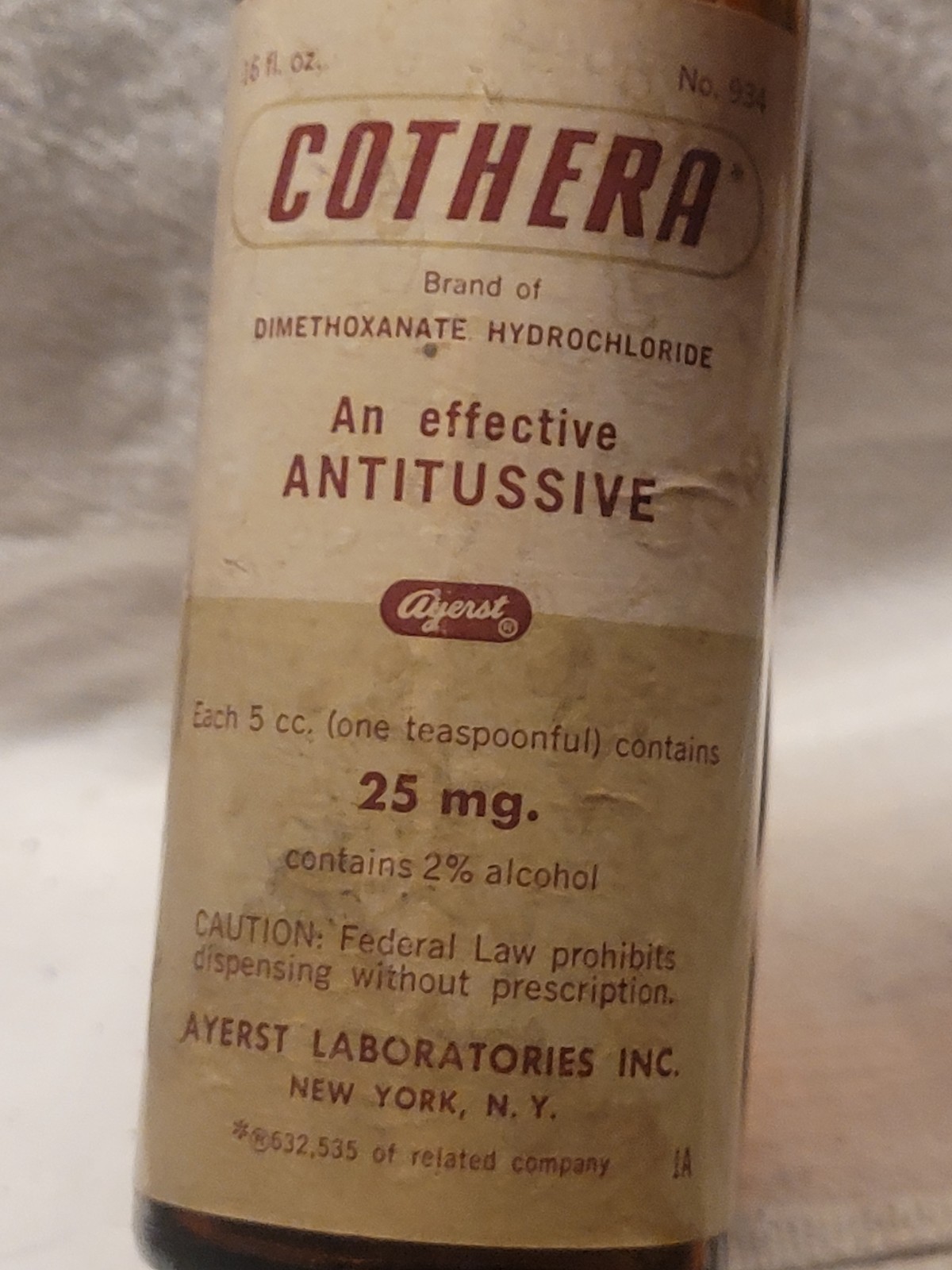 Large Empty Vintage Cothera Cough Syrup Bottle by Ayerst w Original Label