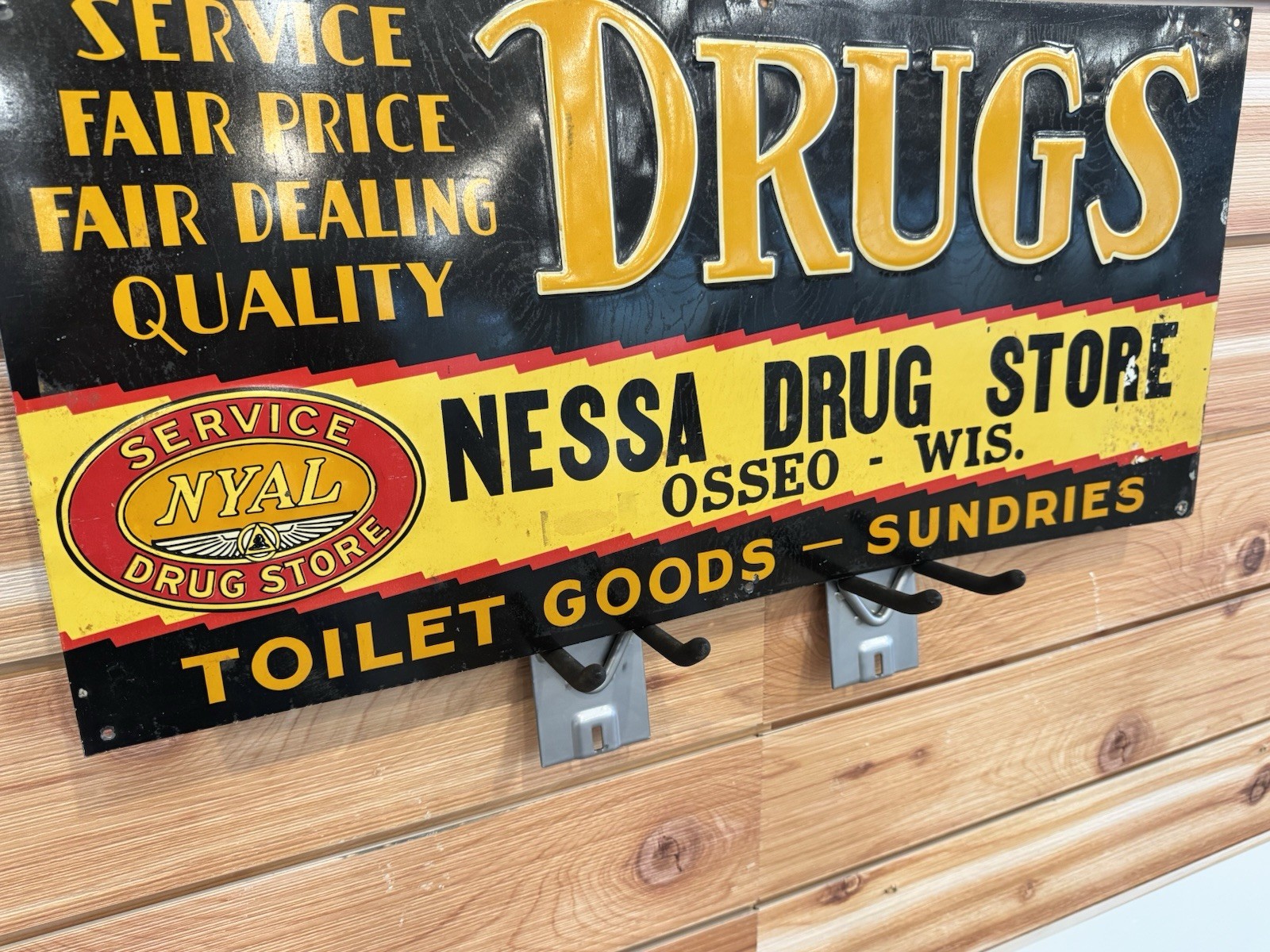 Vintage DRUGS Nessa Drug Store Osseo WI Embossed Tin Sign
