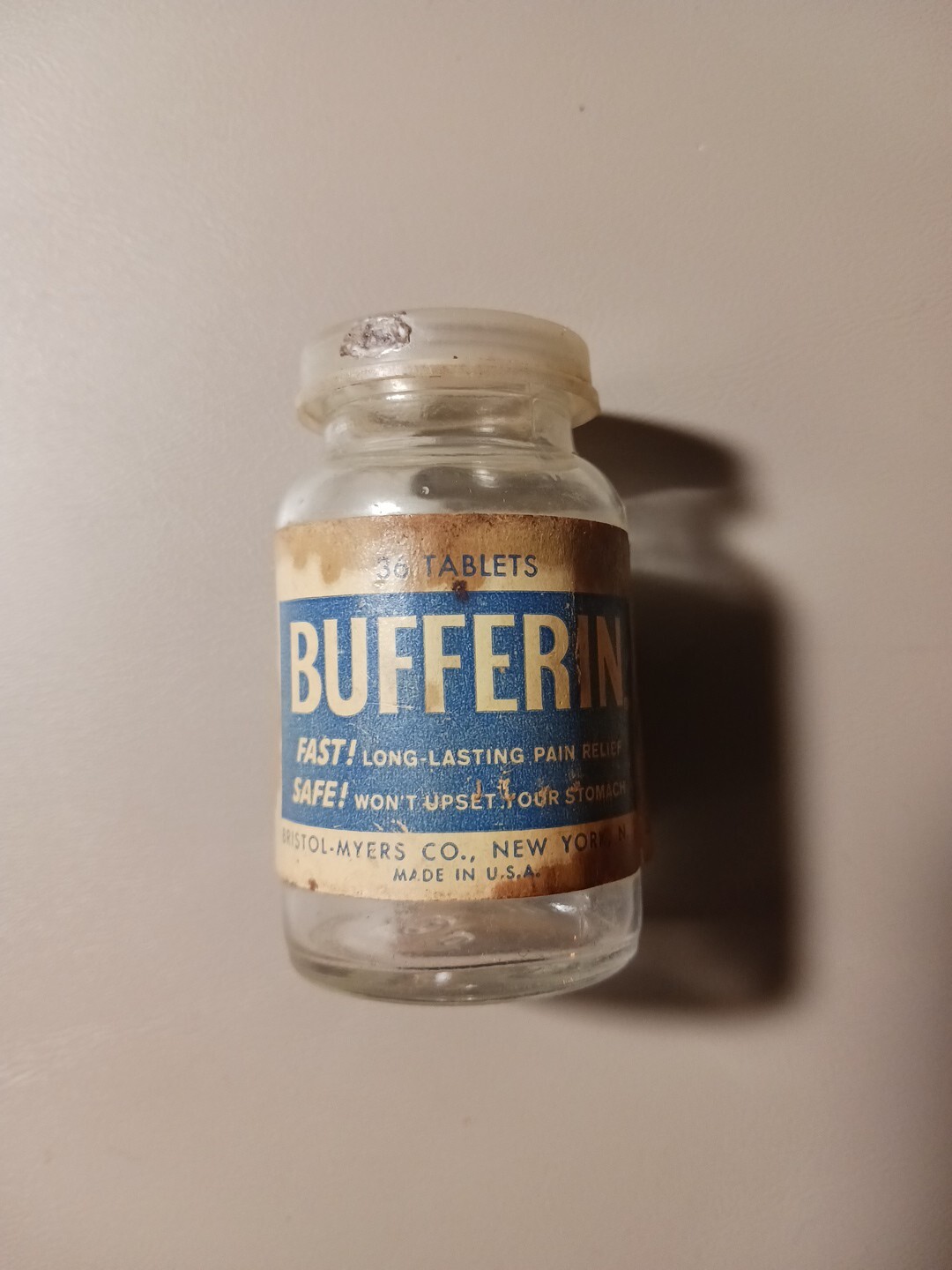 Bufferin Glass Bottle Vintage Empty container 36 Tablets
