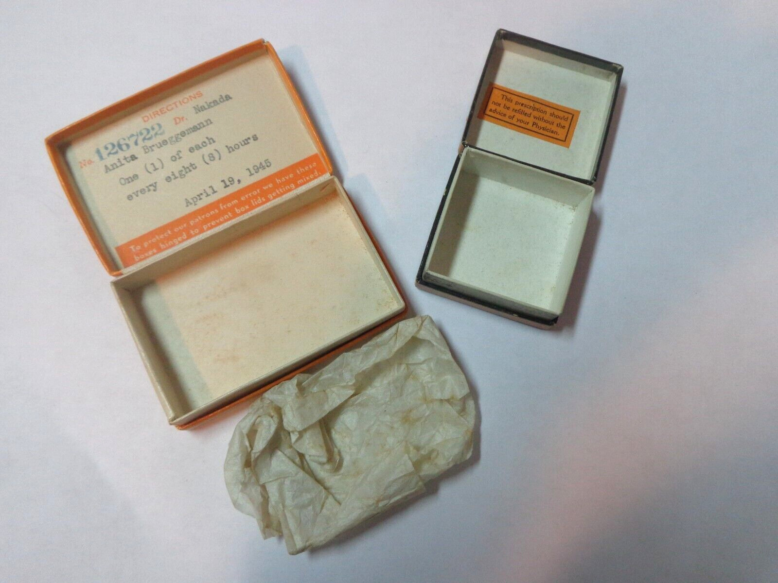 2 VINTAGE 30s/40s PRESCRIPTION CARDBOARD PILL BOX PHARMACY MISSOURI/ILLINOIS LOT