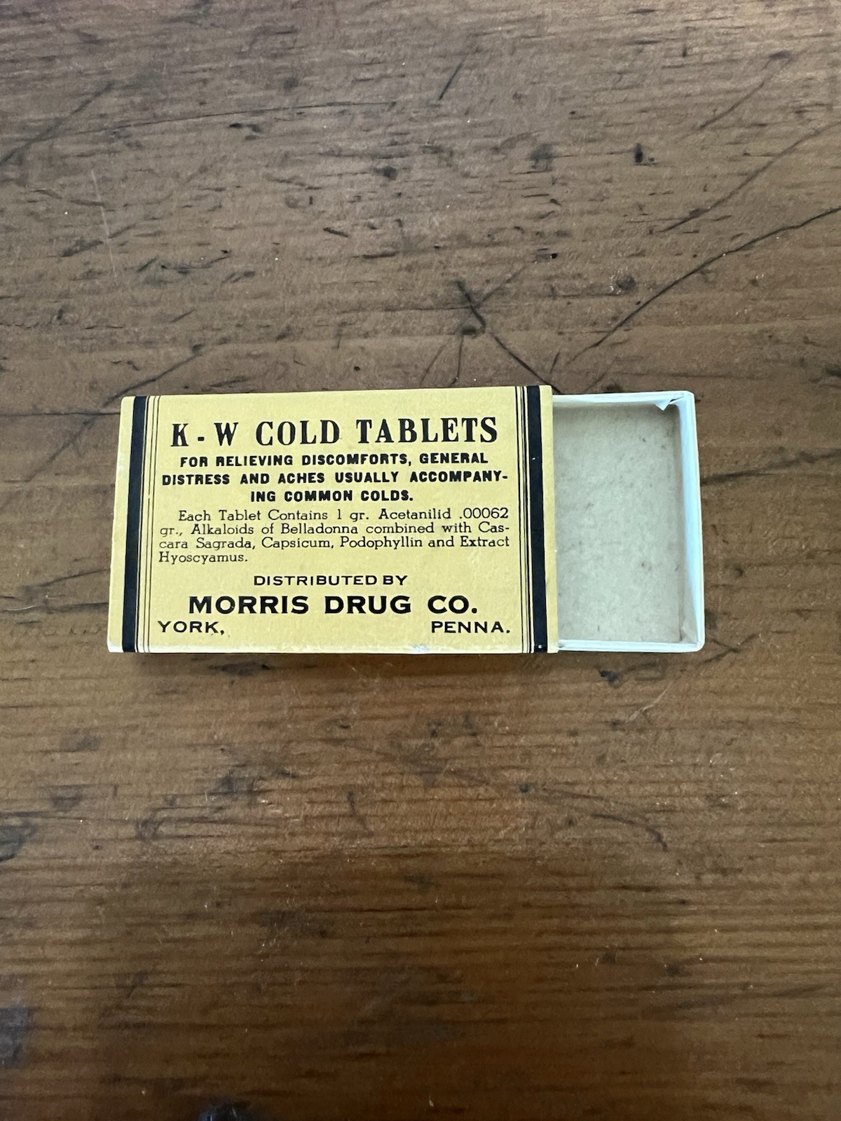 Vintage Antique K-W Cold Tablets Medicine Box Collectable Morris Drug Co York PA