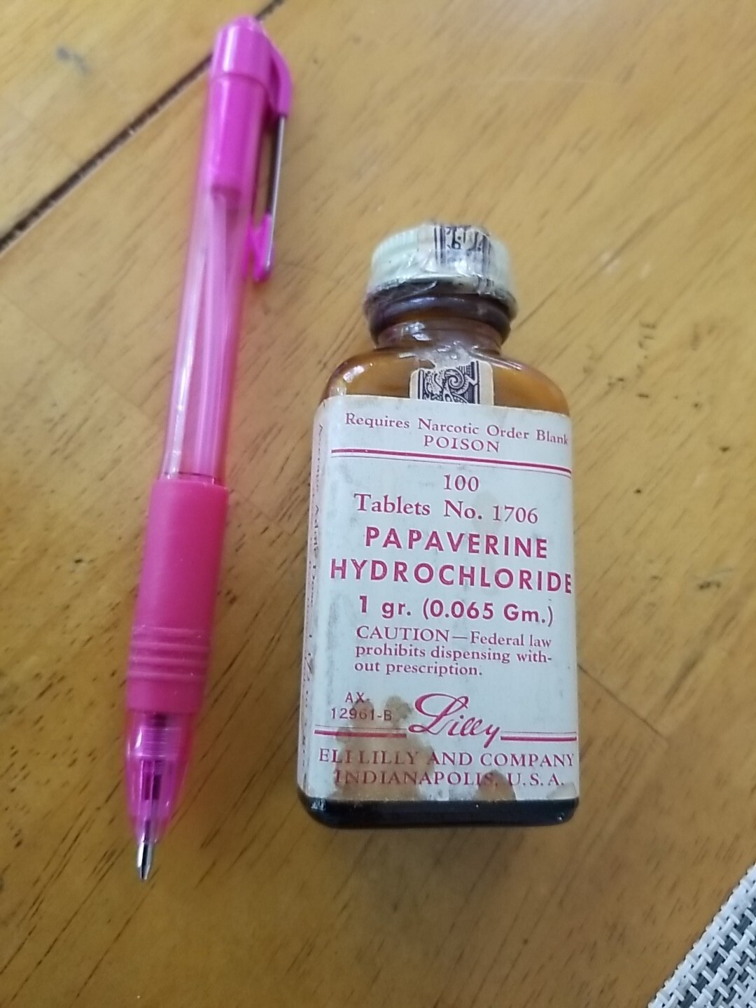 100 Tablet PAPAVERINE Empty Bottle Dispensing 1960s Narcotic Lilly Poison