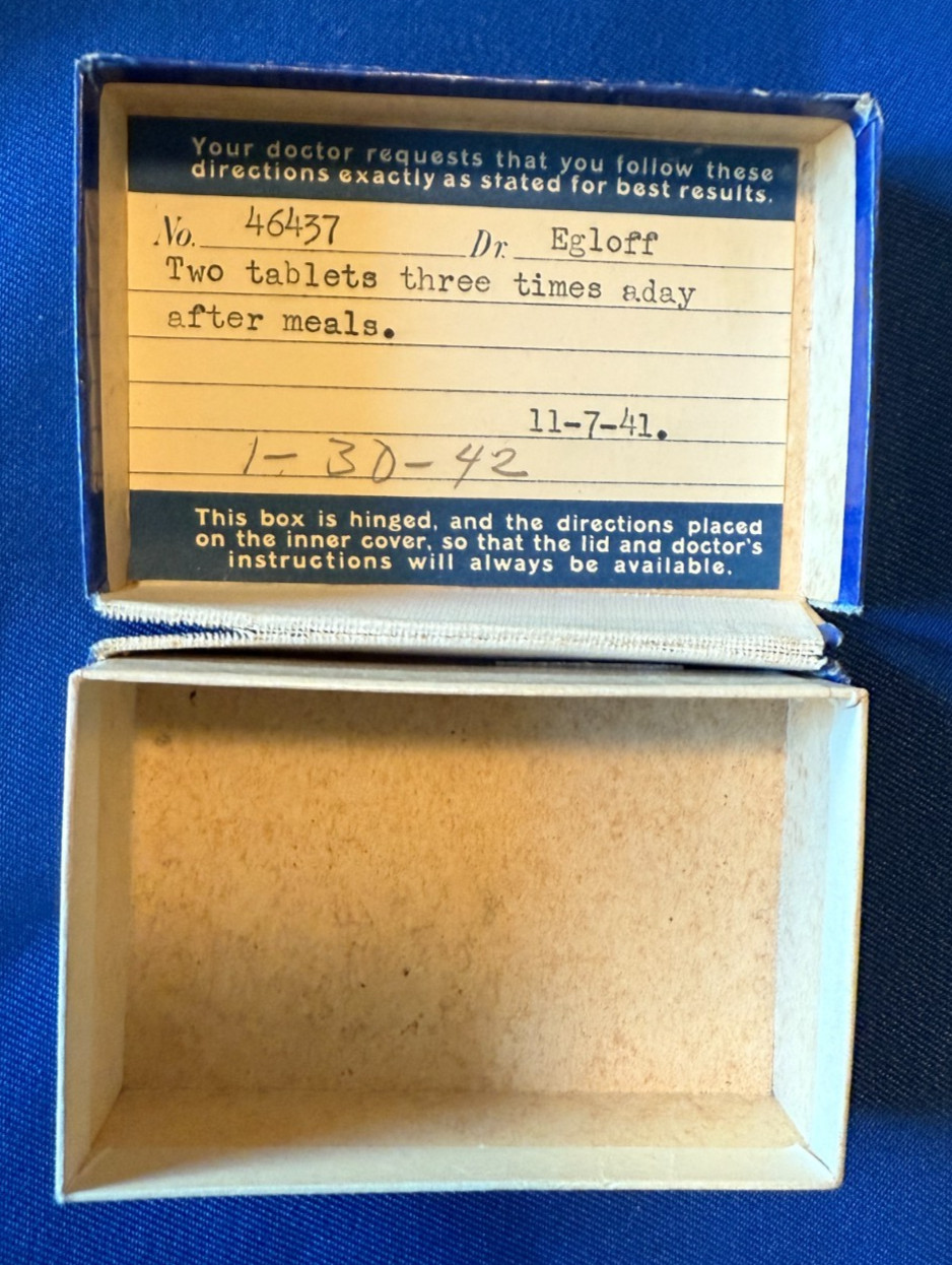 RX PRESCRIPTION CARDBOARD BOX, 1941. “The Prescription Shop” Mason City, Iowa.