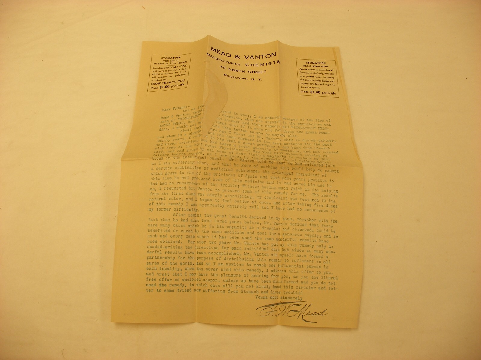 Vtg Medical & Pharmacy Quack Cure – Mead & Vanton Middletown NY