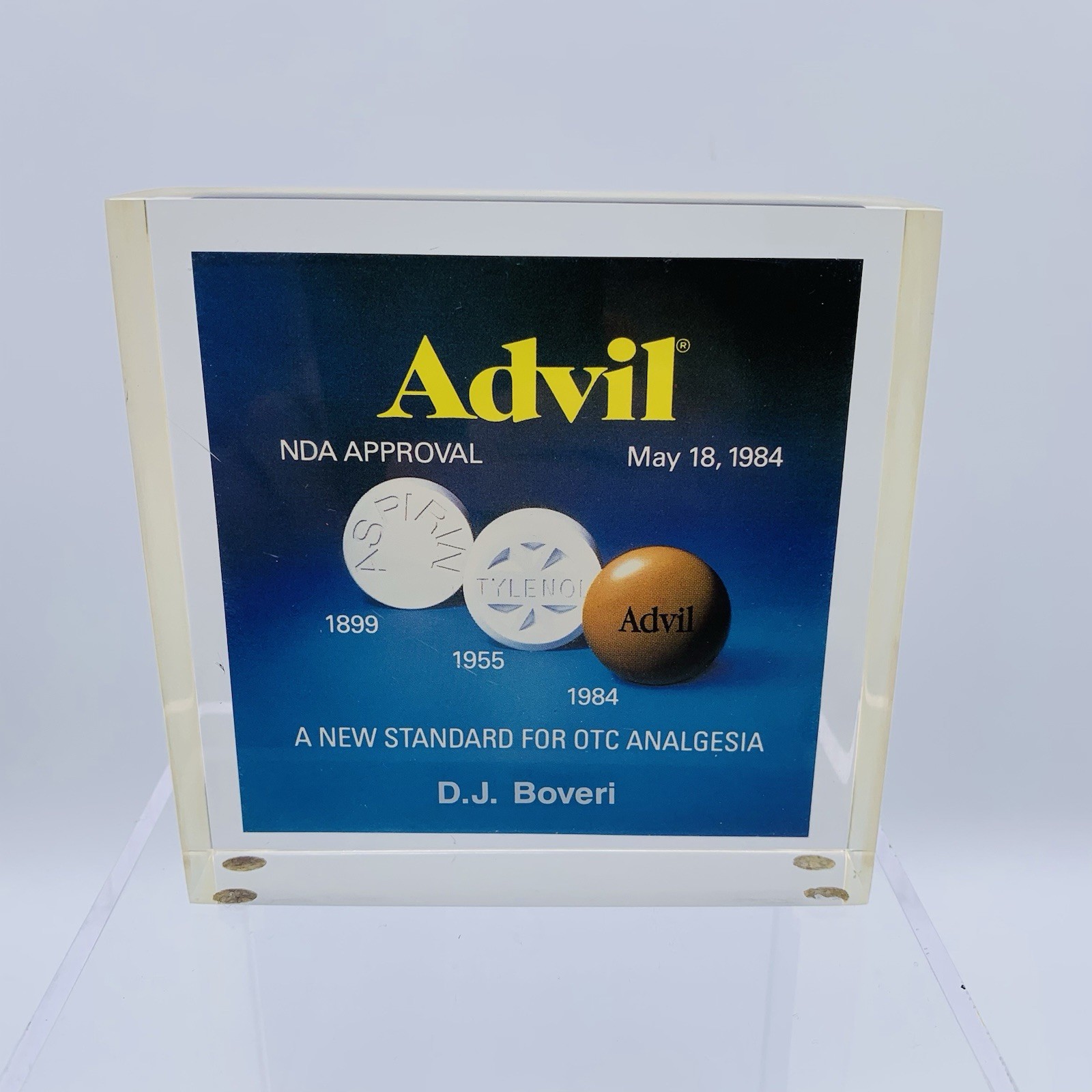 Vintage Advil commemorative acrylic desk plaque Paperweight 1984 Pharmaceutical