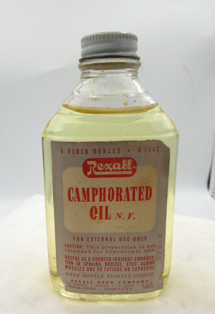 1940’s Rexall Caphorated Oil Los Angeles C 4 3/4 inch tall Clear Medicine Bottle