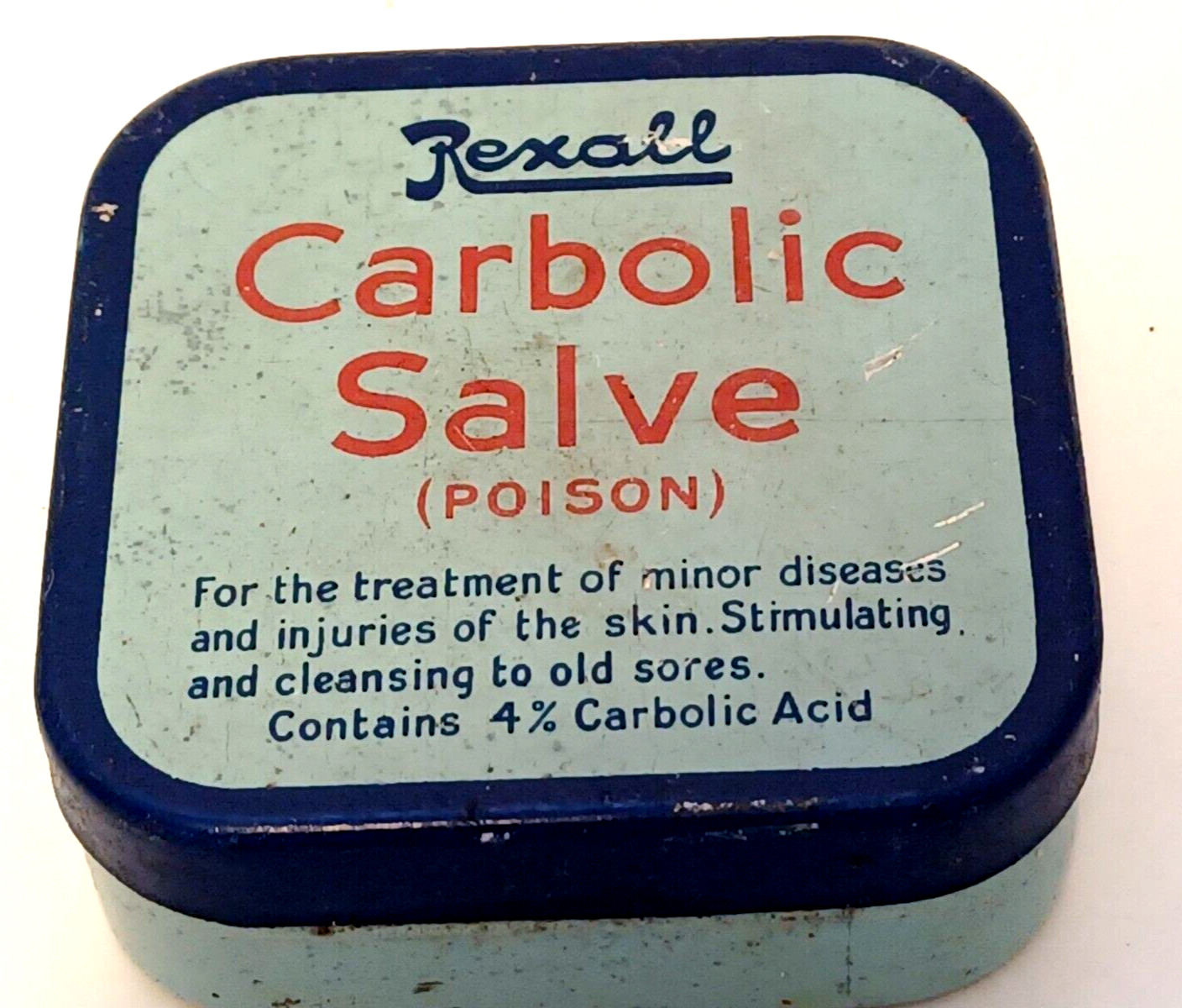 Vintage Pharmacy Rexall Carbolic Salve In Square Tin Blue