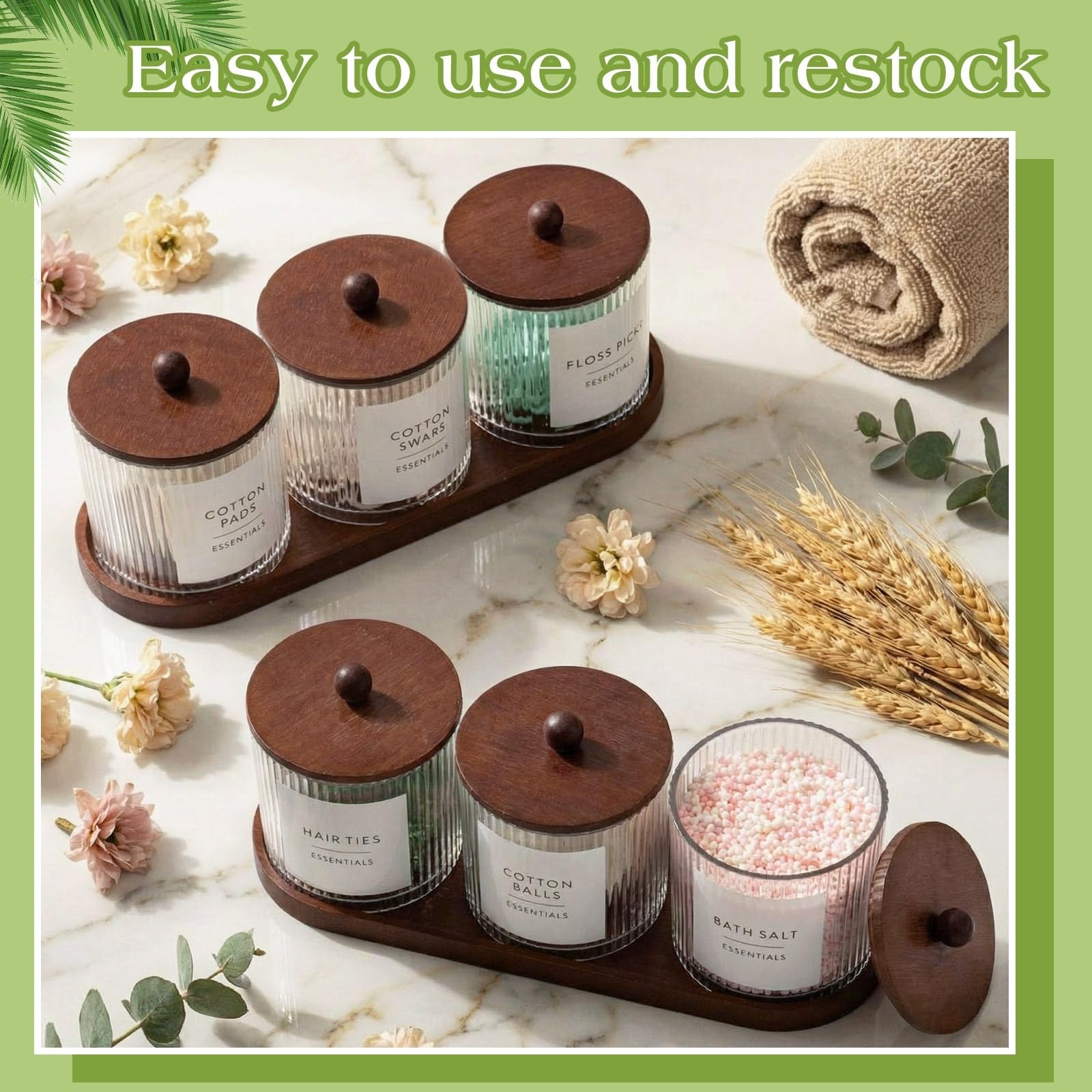 Vesici 6 Pack Bathroom Canisters Ribbed Apothecary Jars with Bamboo Lids 2 Ba…