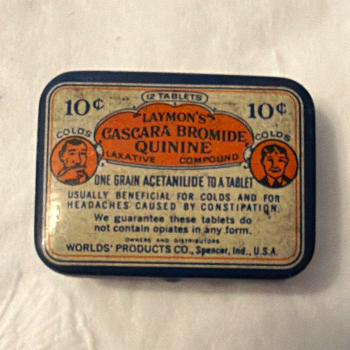 Laymon’s Cascara Bromide Quinine Compound 10¢ Tablet Tin Worlds’ Products Co.