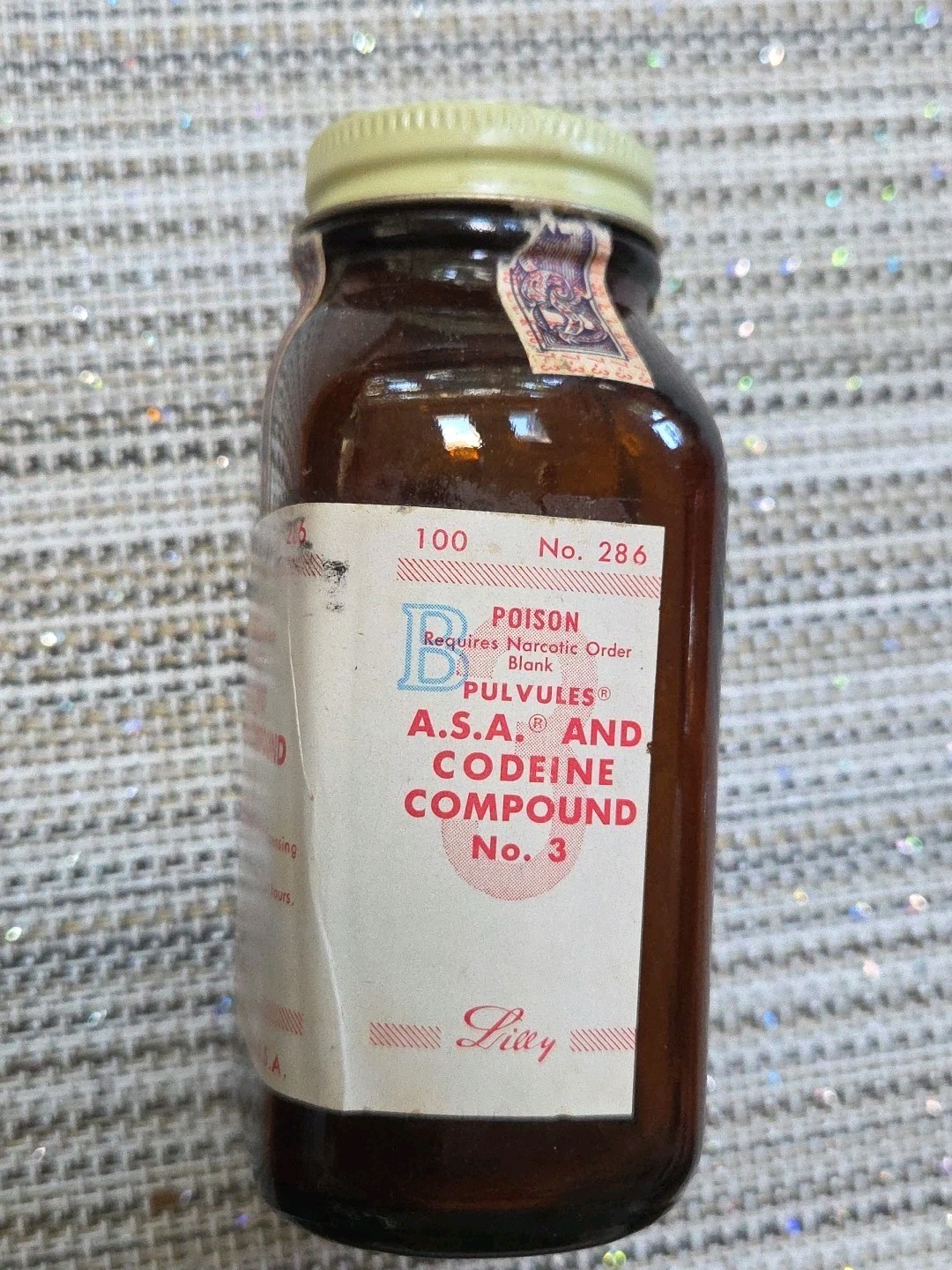 100 Tablet Vintage A.S.A CODIENE Empty Bottle Dispensing 1960s Narcotic Lilly