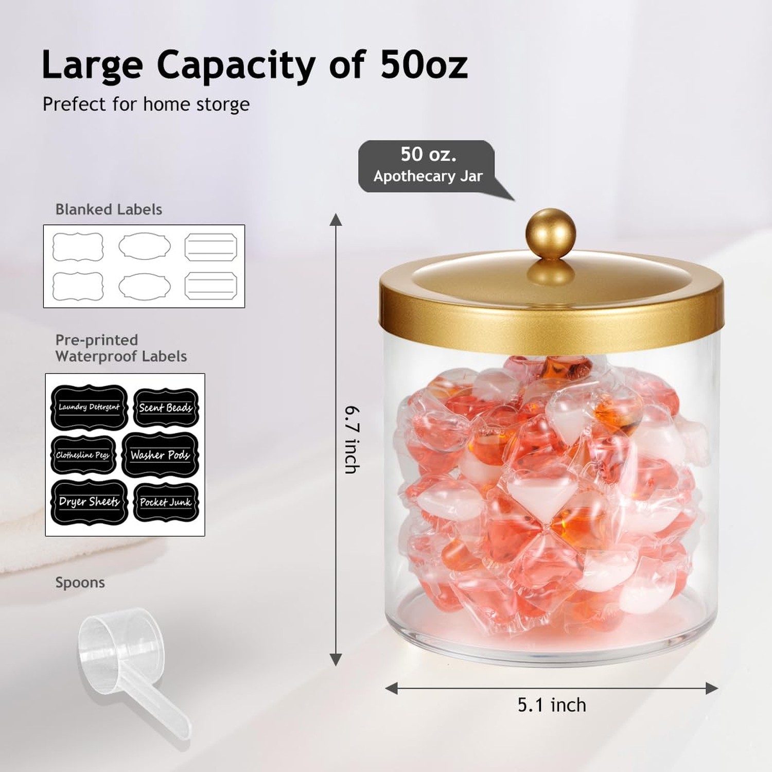 SheeChung 4 Pack 50 Ounce Large Clear Apothecary Jar with Gold Rust-Proof Lid…