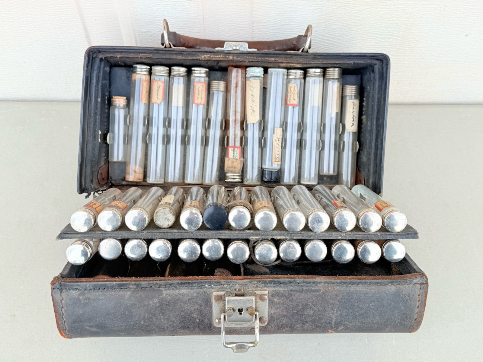 Antique Rare Doctor’s Medicine Kit Leather Travel Bag with Empty Vials