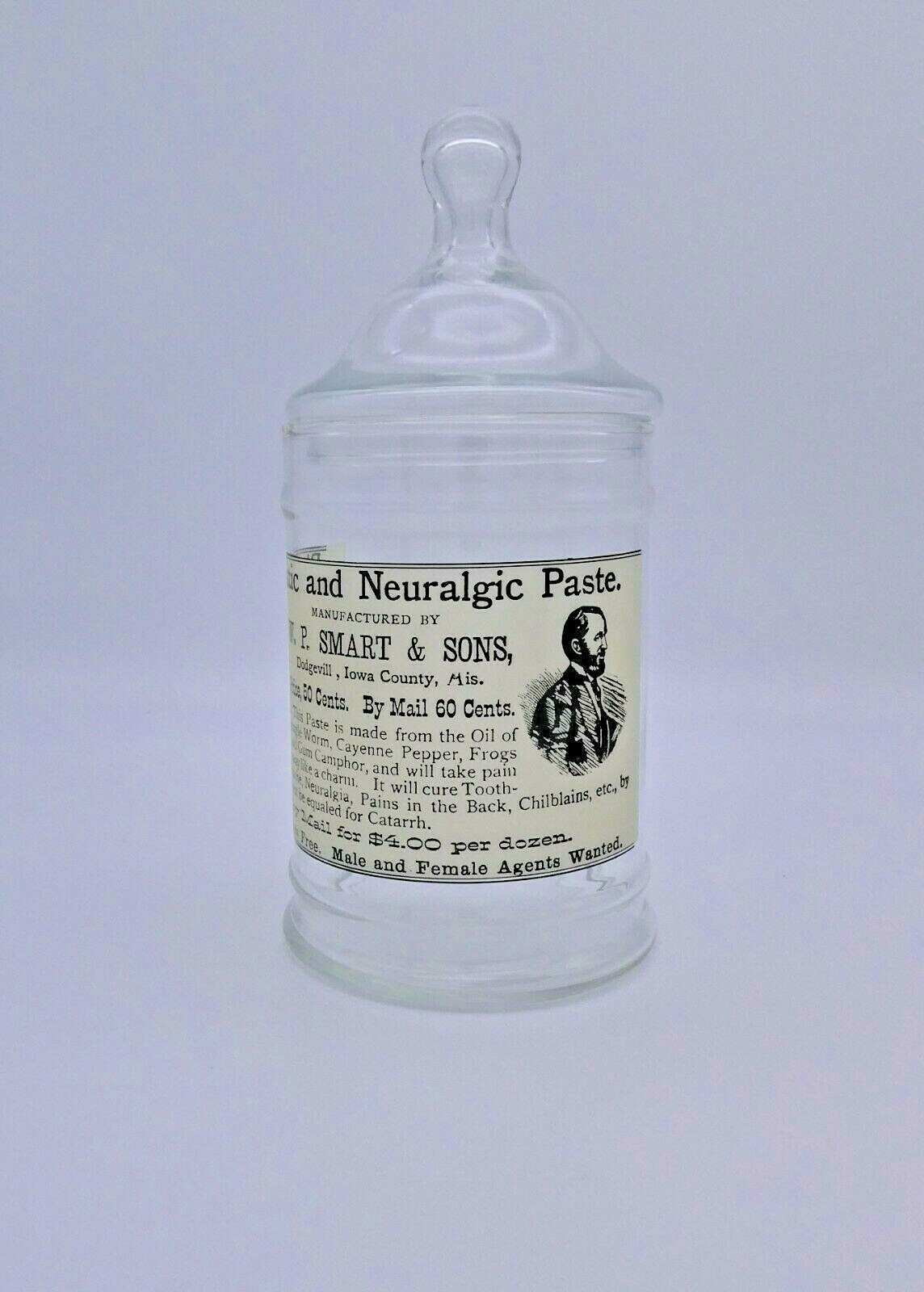 Vintage W.P. SMART & SONS Paste Medicine Glass Apothecary Jar Circus Tent Lid 8″