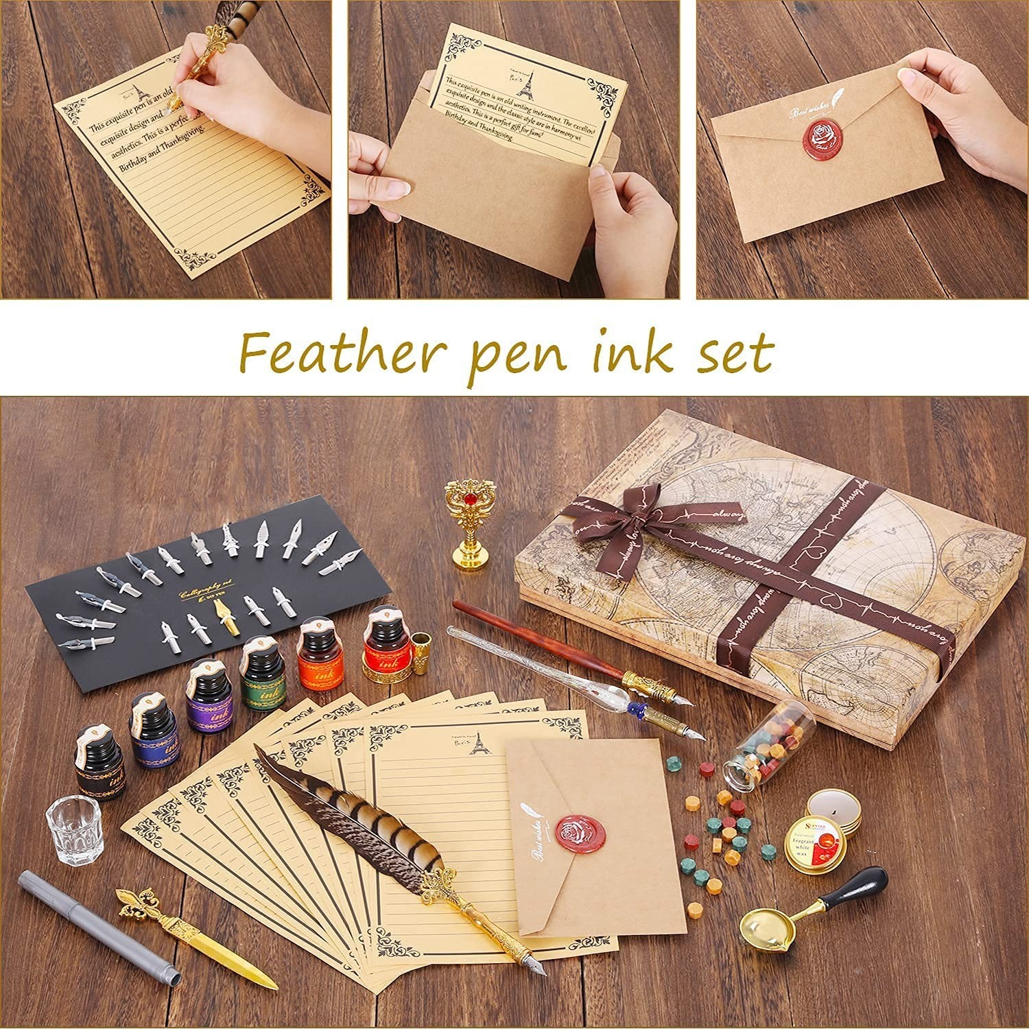 NC Quill Pen Ink Set,includes quill pen,wooden And glass dip pen,6 bottles in…