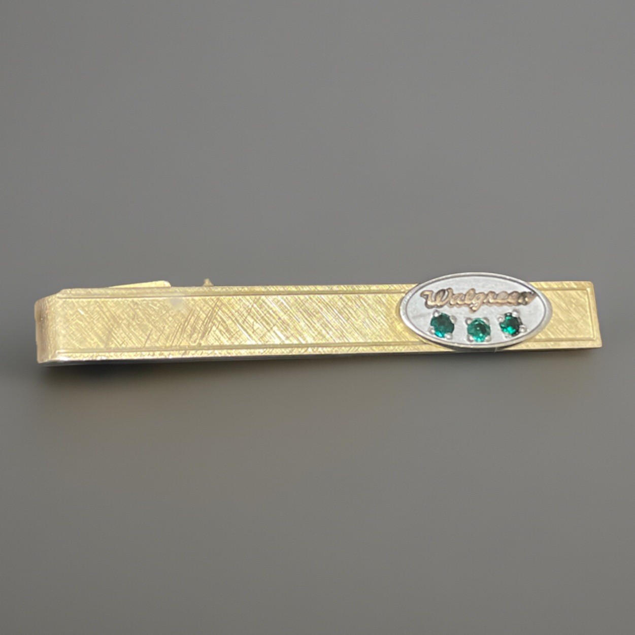 Vintage Walgreens Employee Tie Clip Gold w/ Green Stones 1960s–80s