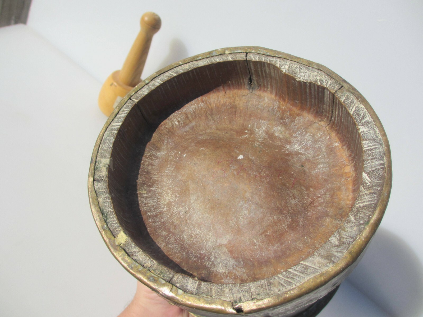 Antique Wooden Mortar and Pestle Barrel Brass Strap Vintage Old Wood French