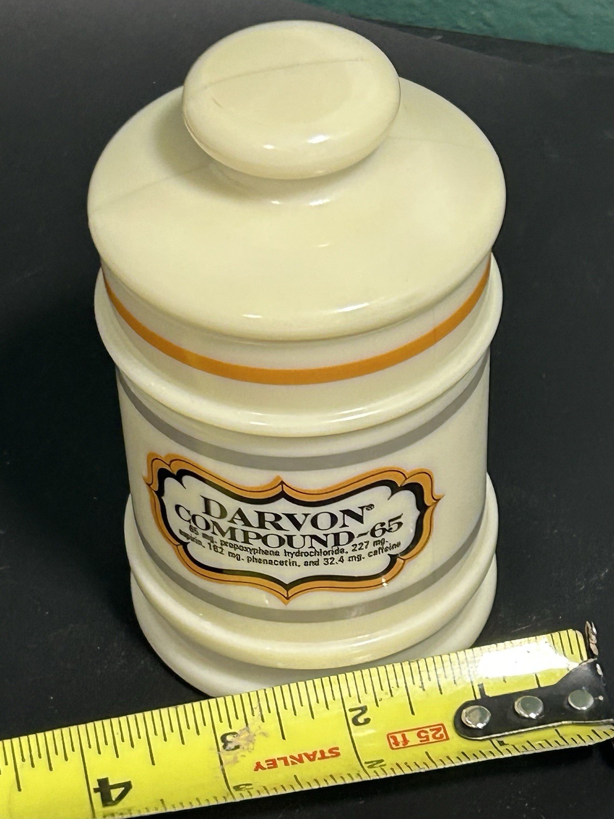 Darvon Compound – 65 Custard Glass Apothecary Jar Great Graphics Vintage Pharma