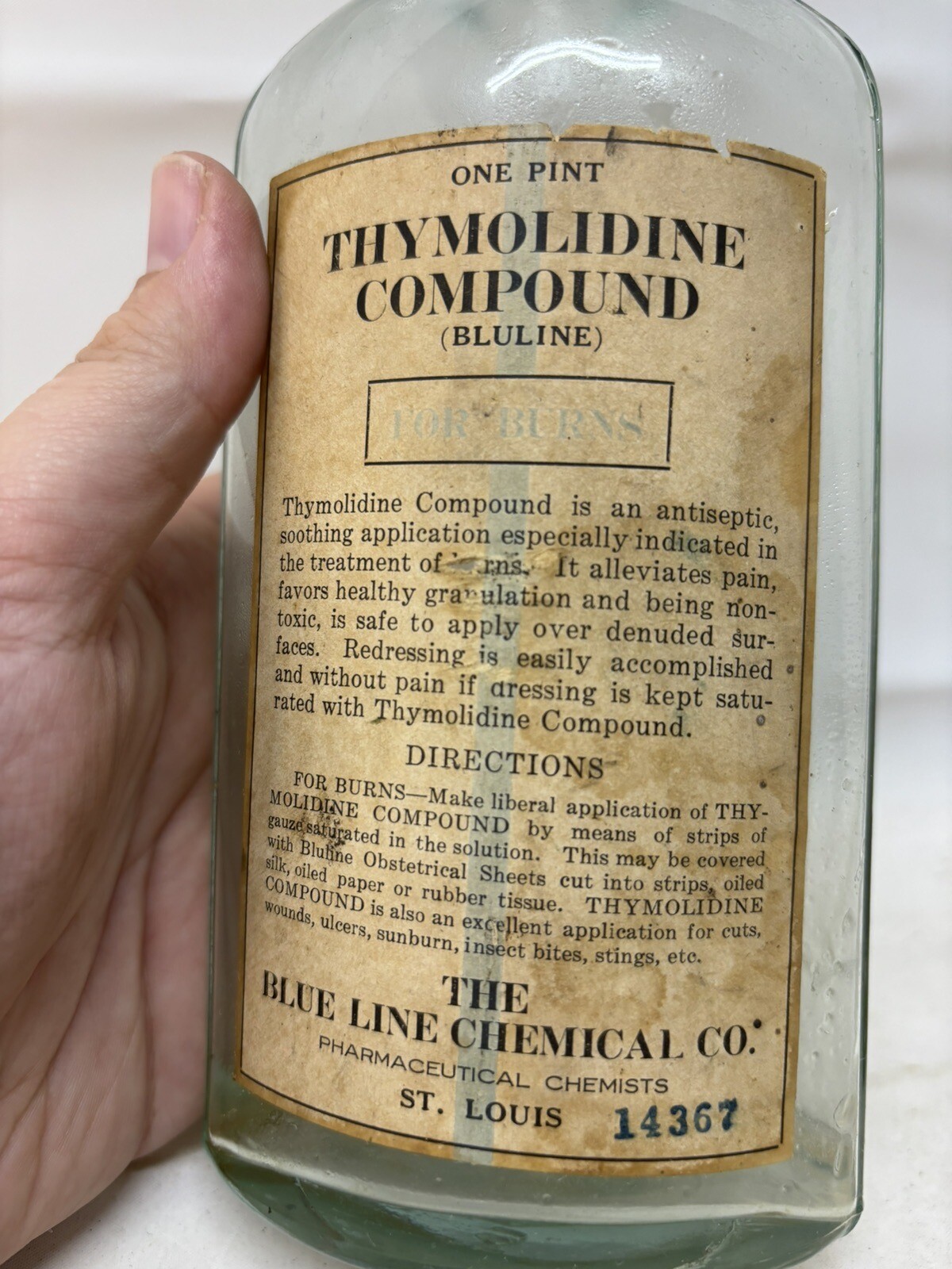Vintage Blue Line Chemical Glass Medicine Bottle Label & Cork! THYMOLIDINE Pint