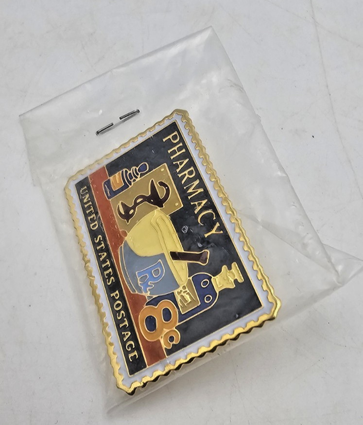 Allen & Hanburys Pharmacy United States Postage Stamp Enamel Lapel Pin Vintage