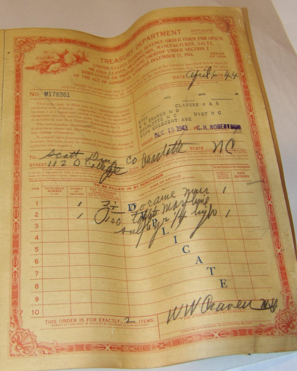 VINTAGE 1936 IRS ORDER FORMS FOR OPIUM, COCA LEAVES! USED! 10 PAGE BOOKLET!
