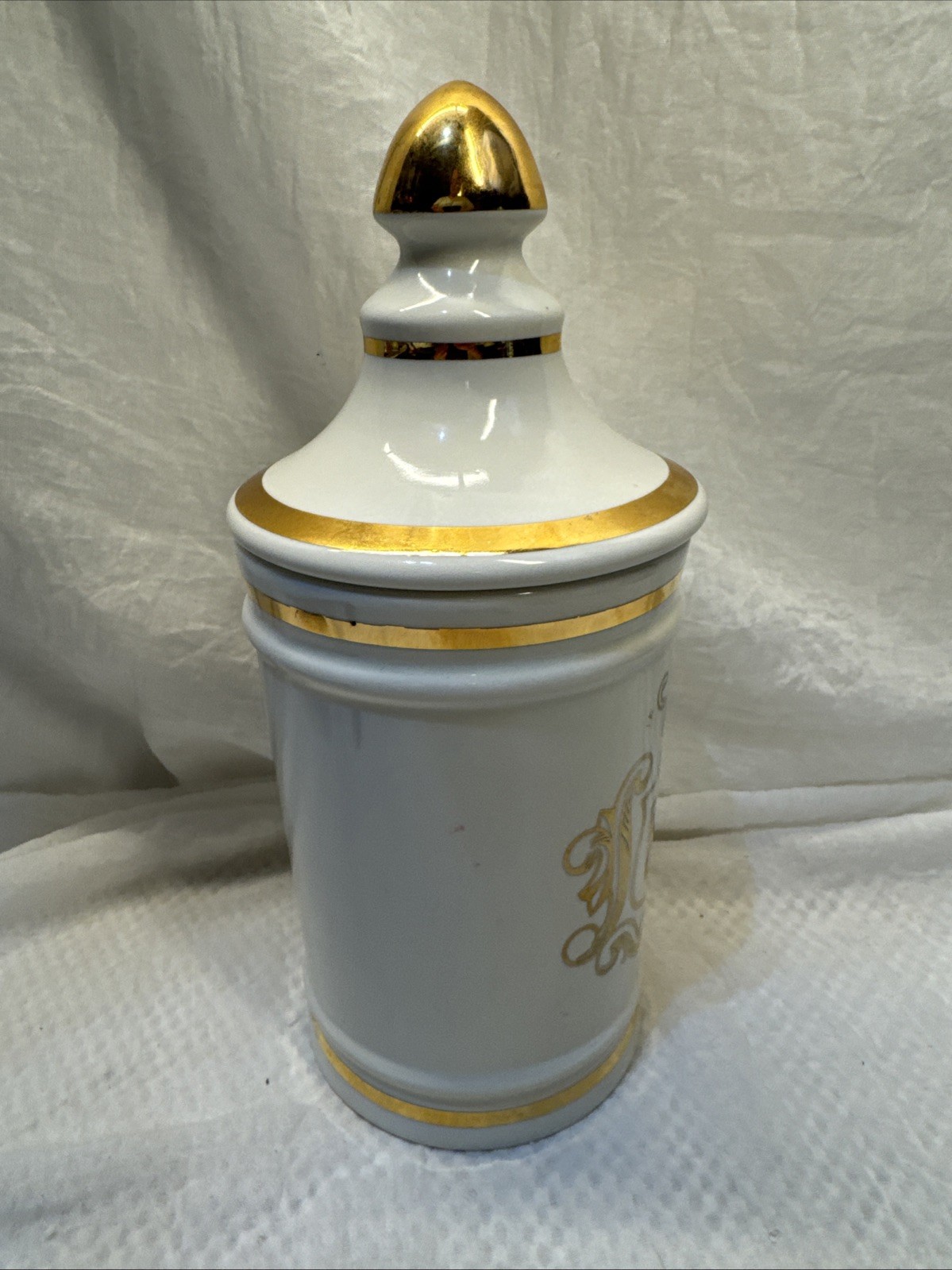Vintage Pharmacy EXT OPii Canister Jar w/ Lid-Cream & Gold Trim-Owens Glass IL