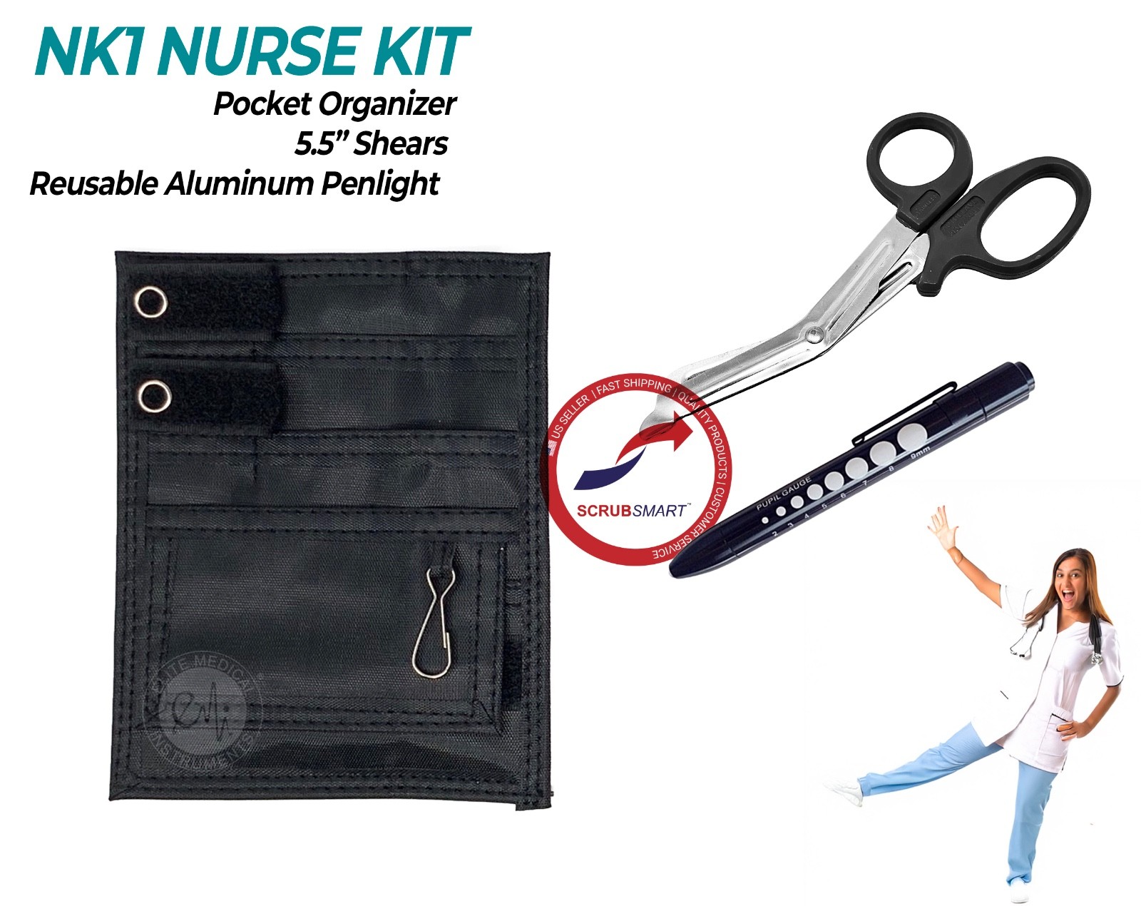 NK1 Nurse 3 Pc Kit Pocket Organizer with Medical Penlight & 5.5″ Shears – Black