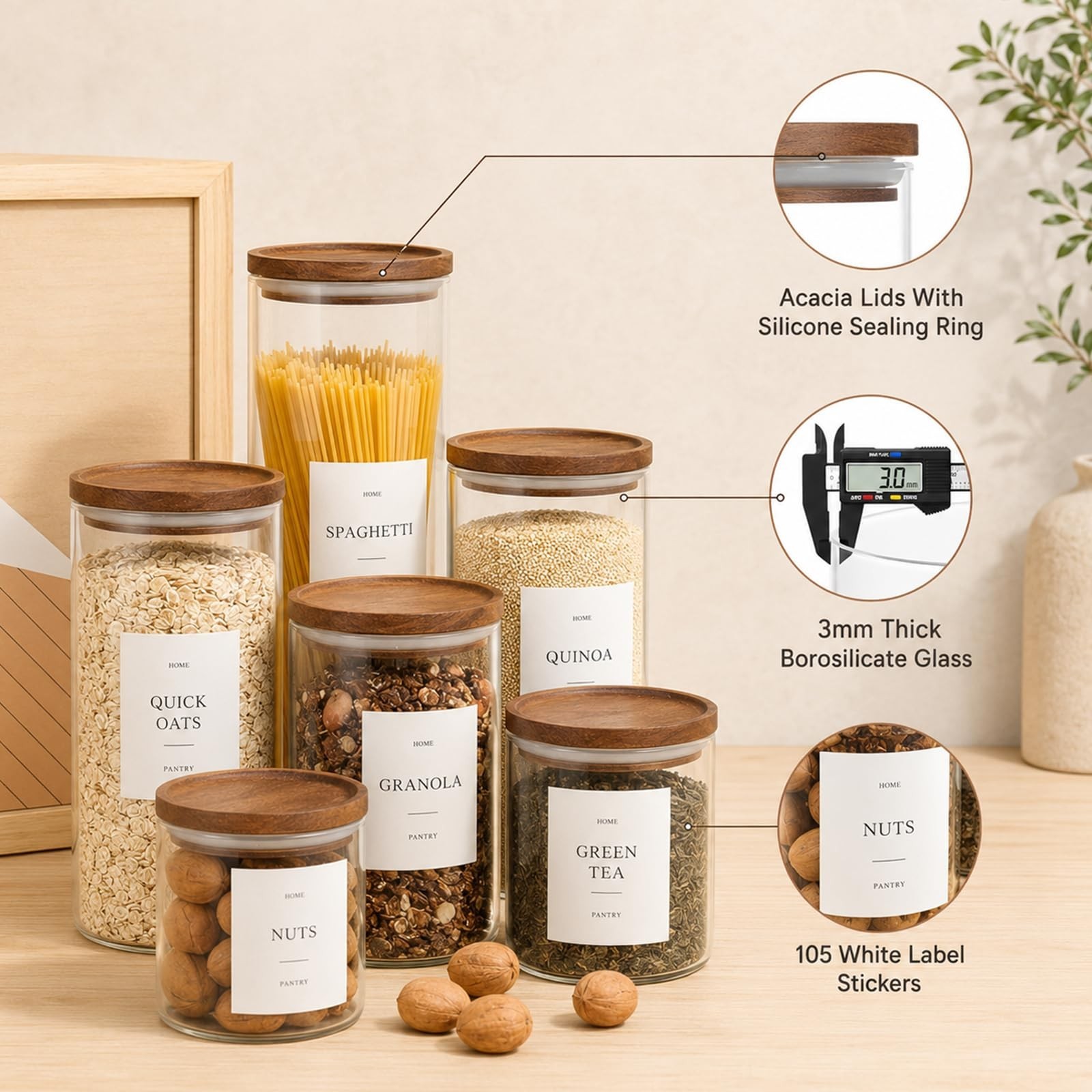 Set of 3 Glass Pantry Jars with Acacia Wood Lids, 45oz Airtight Glass Kitchen…