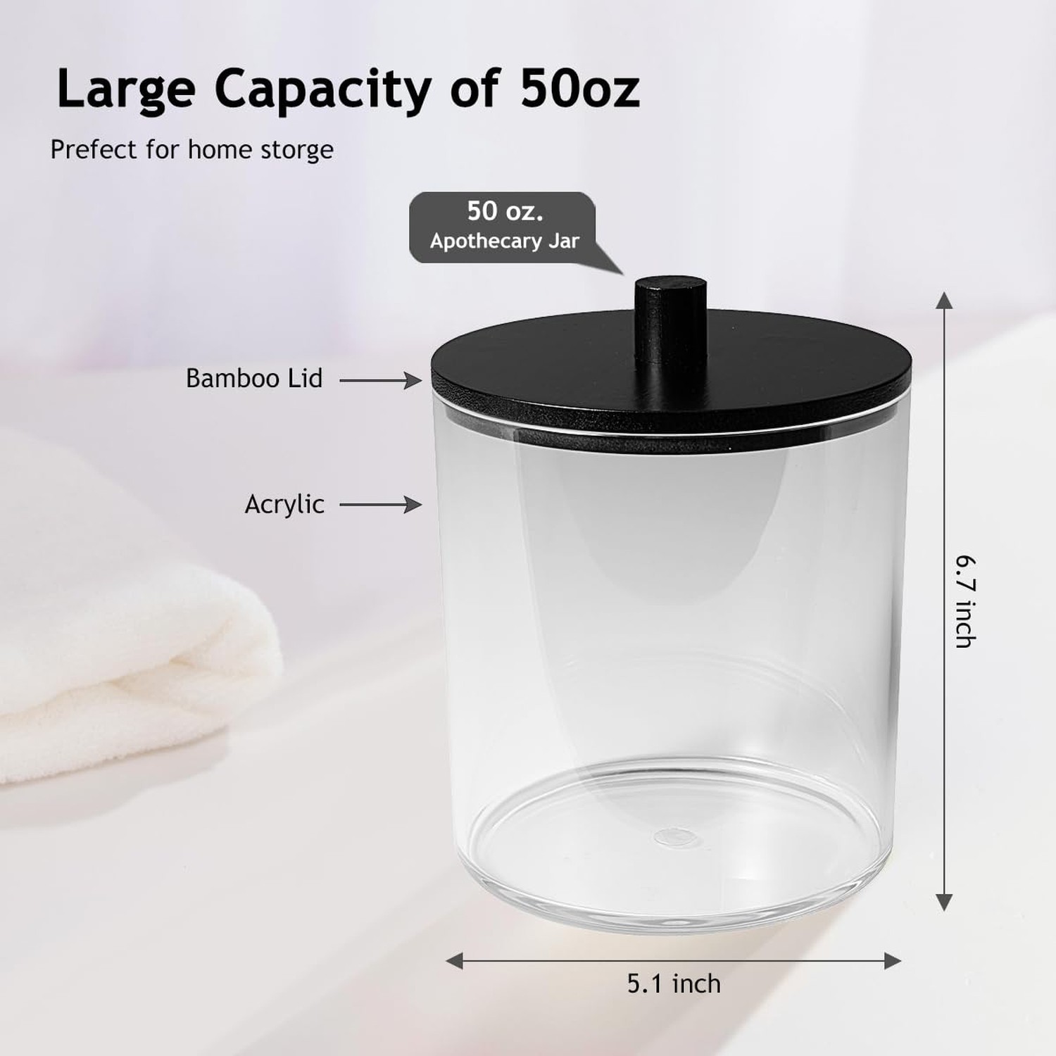 SheeChung 1 Pack 50oz Matte Black Bamboo Lid Apothecary Jar, Modern Laundry P…