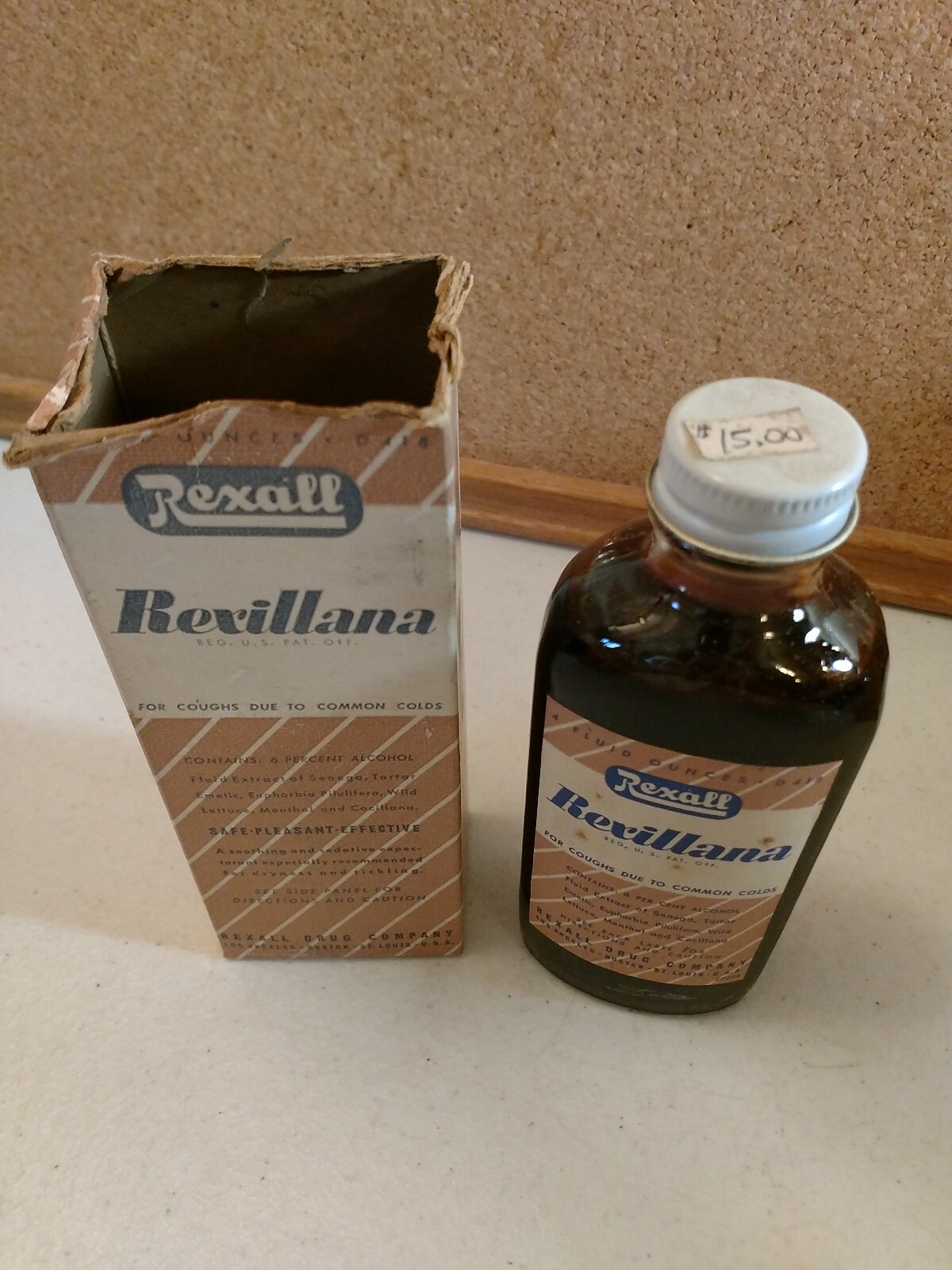 Antique Vintage Rexall Cough Syrup Rexillana Glass Bottle Original box old stock