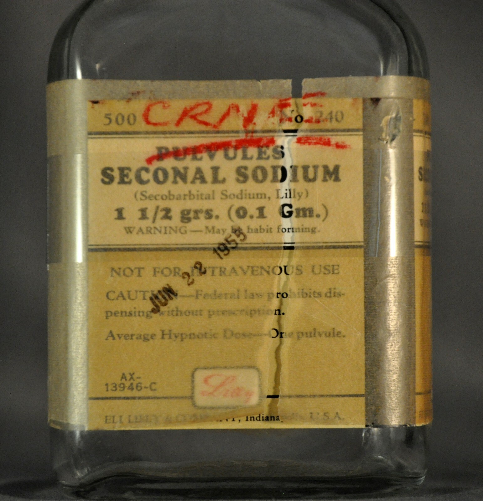 Empty Vtg Lilly Seconal Barbital Pharmacist dispensing Clear Bottle x500 w/ Lid