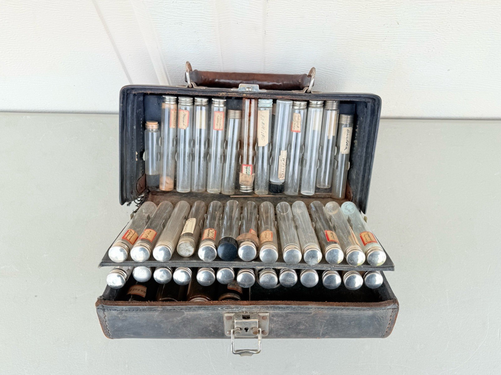 Antique Rare Doctor’s Medicine Kit Leather Travel Bag with Empty Vials