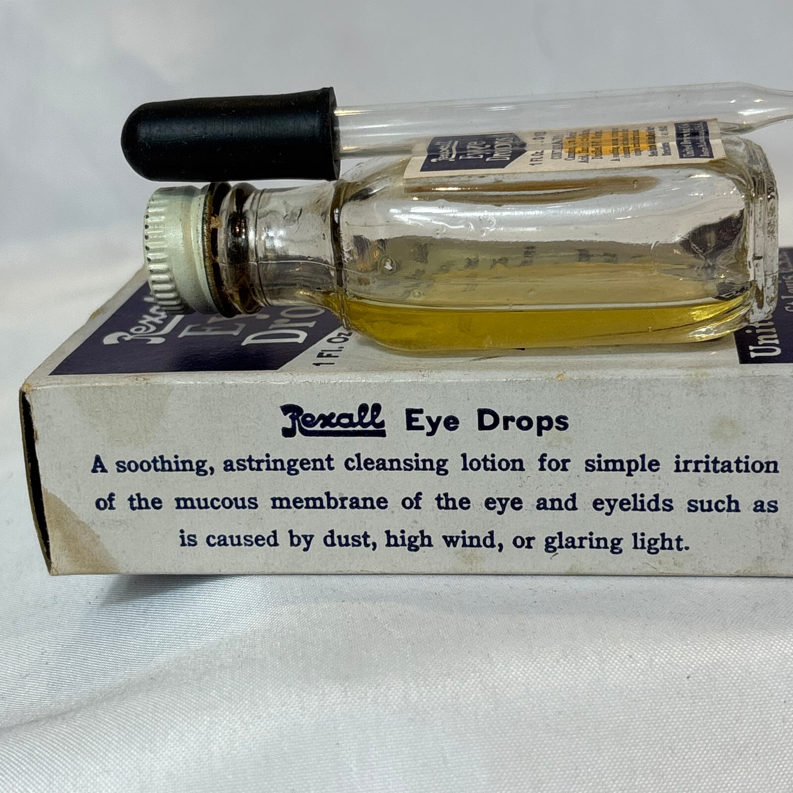 Vtg Rexall Eye Drops Clear Glass Bottle In Original Box 1 Fl Oz United Drug Co.