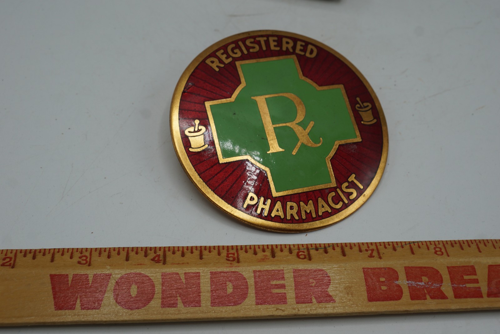 Antique Registered Pharmacist Rx Automobile Grille Badge Brass Enamel Radiator