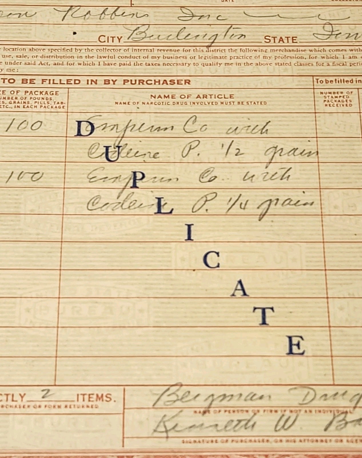 Vintage 1944 U.S. Treasury Narcotics Order Form Opium Coca Leaves Duplicate