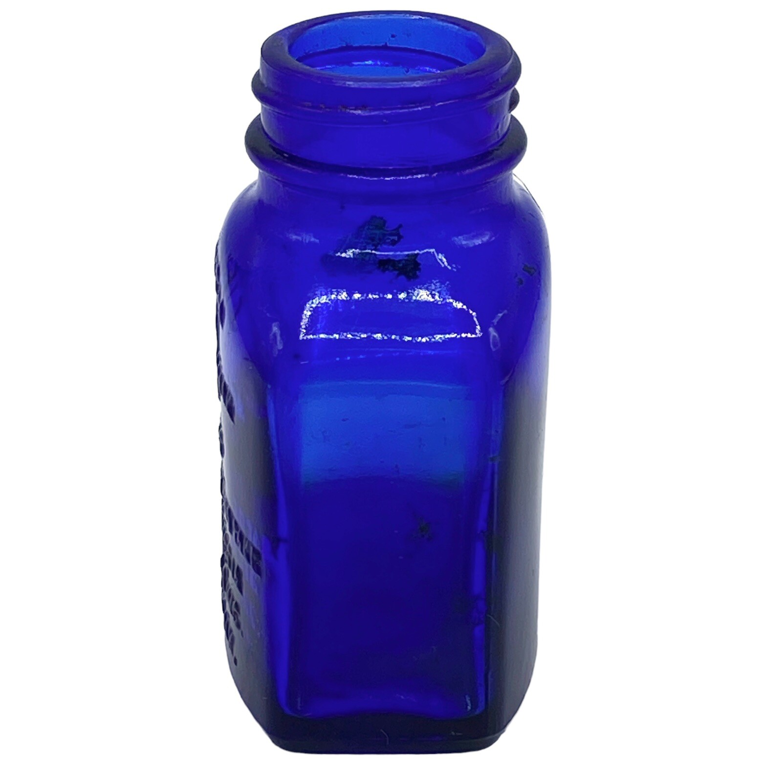 Vtg Milnesia Wafers Embossed Cobalt Blue Glass Bottle 3″ Tall New York, NY