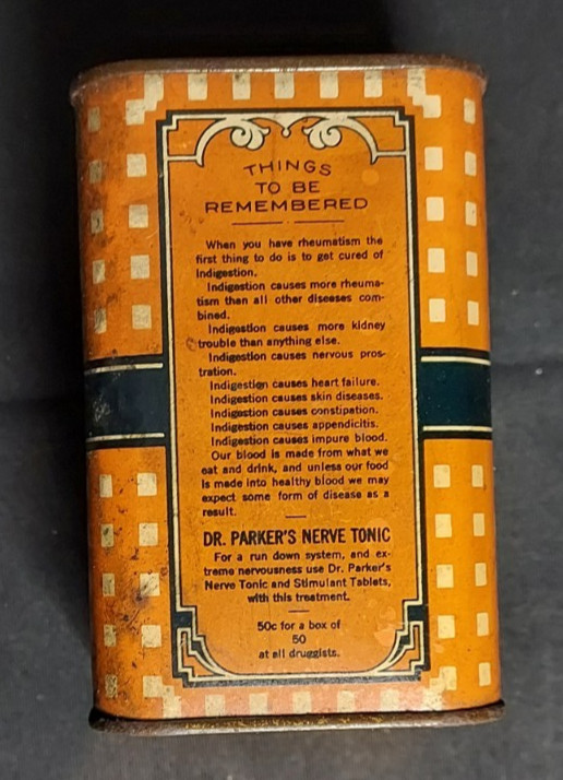 Old Advertising Medicine Tin Dr Parker’s Treatment Parker Medicine Co Cincinnati
