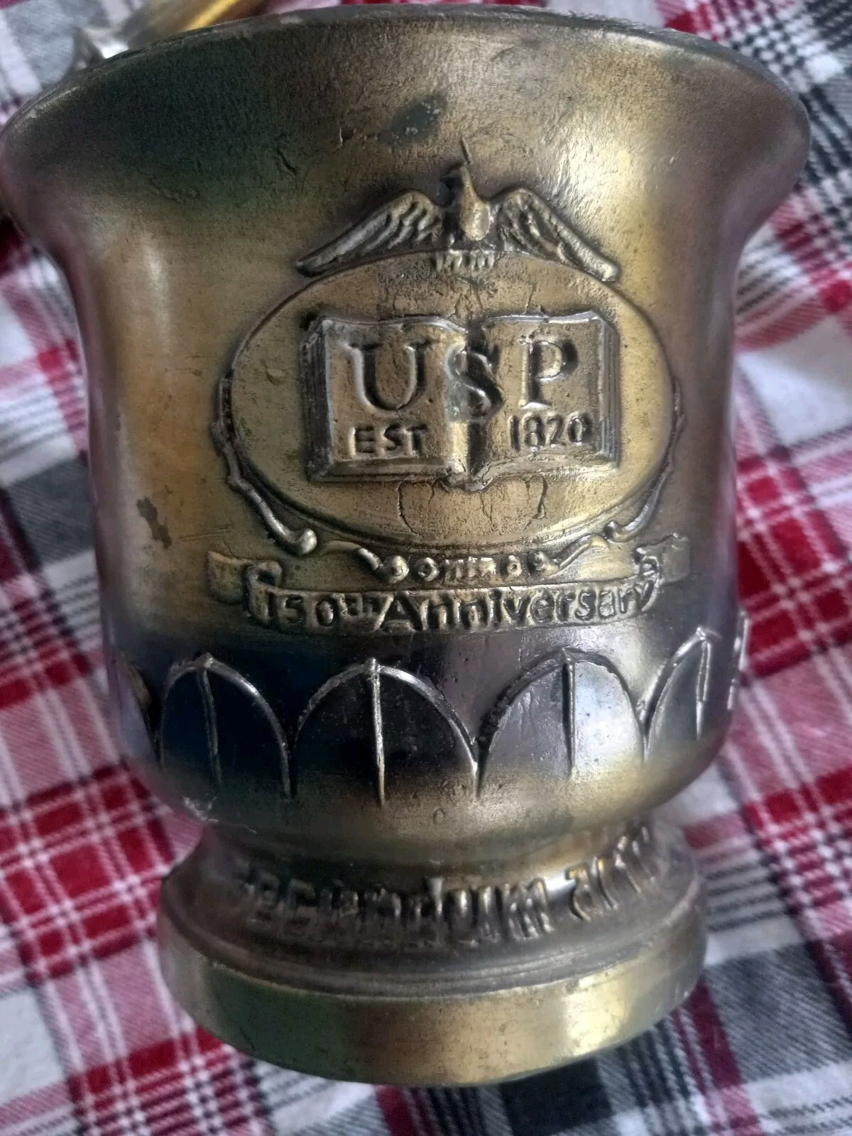 150th Anniversary Brass Mortar & Pestle-Coricidin (OC) Schering Established 1820