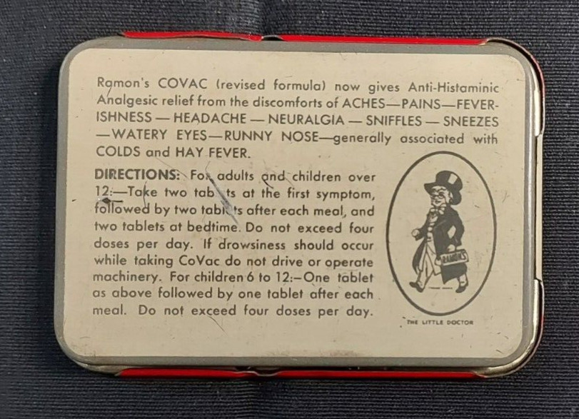 Old Empty Advertising Medicine Tin Ramon’s COVAC Colds Hay Fever Brown Mfg Leroy
